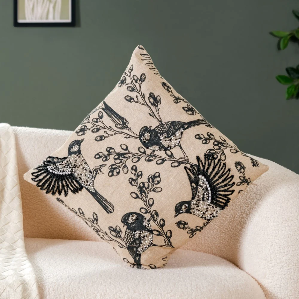 Birds Embroidered Cotton Linen Cushion Cover 16x16 Inch - Image 2