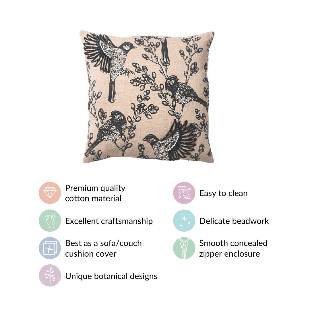 Birds Embroidered Cotton Linen Cushion Cover 16x16 Inch - Image 4