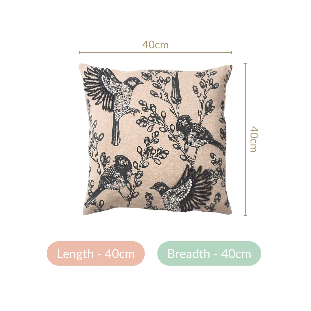 Birds Embroidered Cotton Linen Cushion Cover 16x16 Inch - Image 5