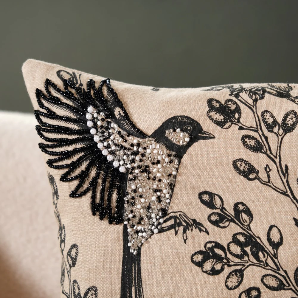 Birds Embroidered Cotton Linen Cushion Cover 16x16 Inch - Image 6