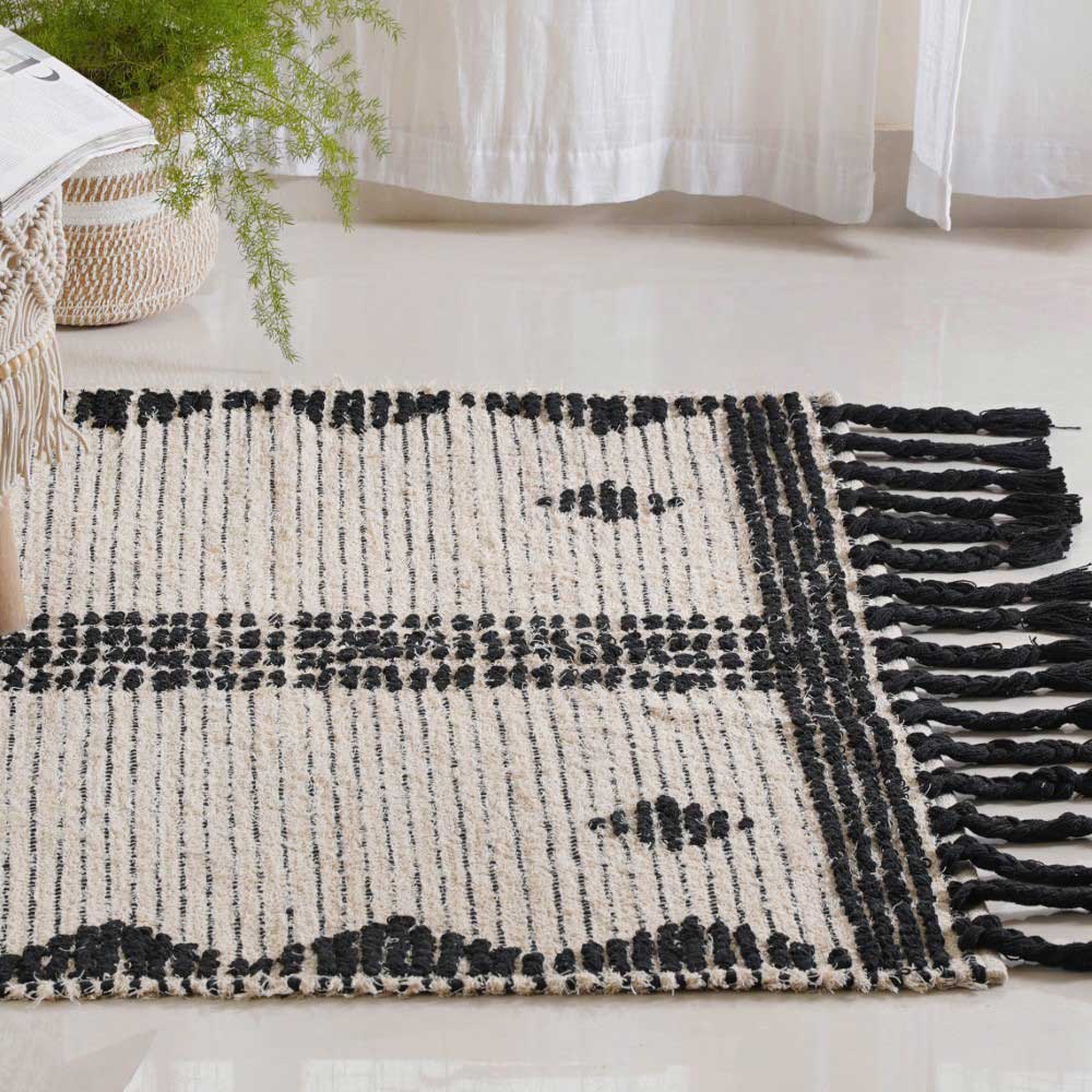 Black and Beige Hand Woven Carpet for Living Room - Image 5
