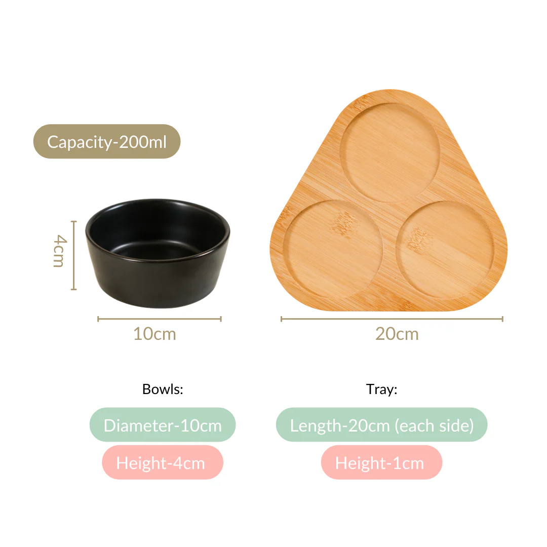 Black Ceramic Bowls Set Of 3 With Bamboo Tray 200ml - Image 4