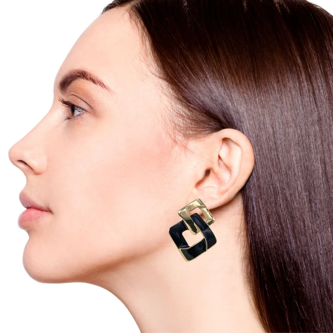 Black Crossing Square Earrings - Image 5
