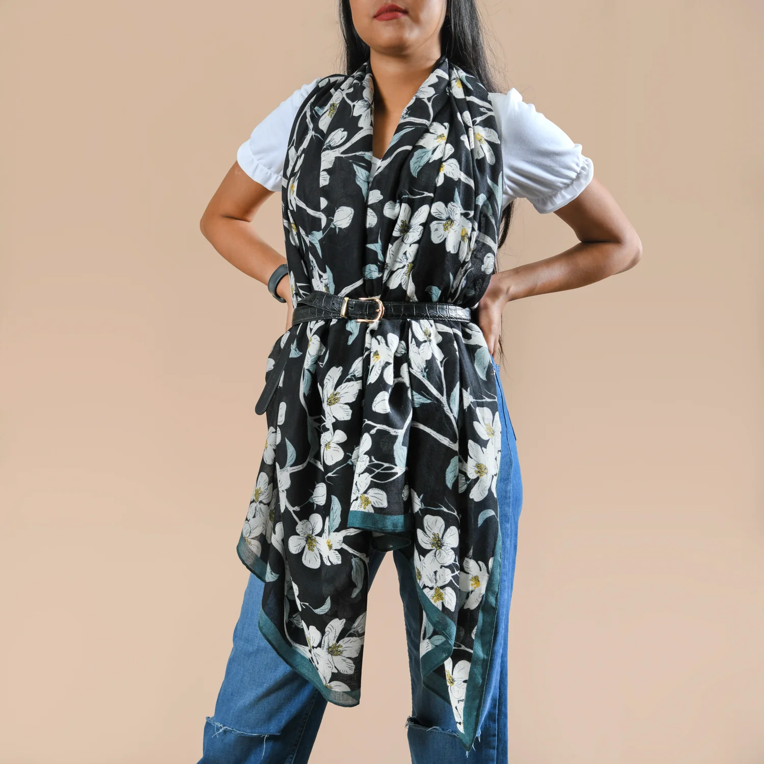 Black Floral Scarf For Women - Image 2