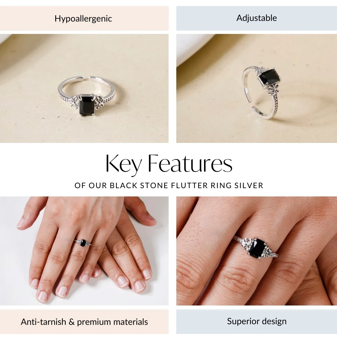 Black Stone Flutter Ring Silver - Image 4