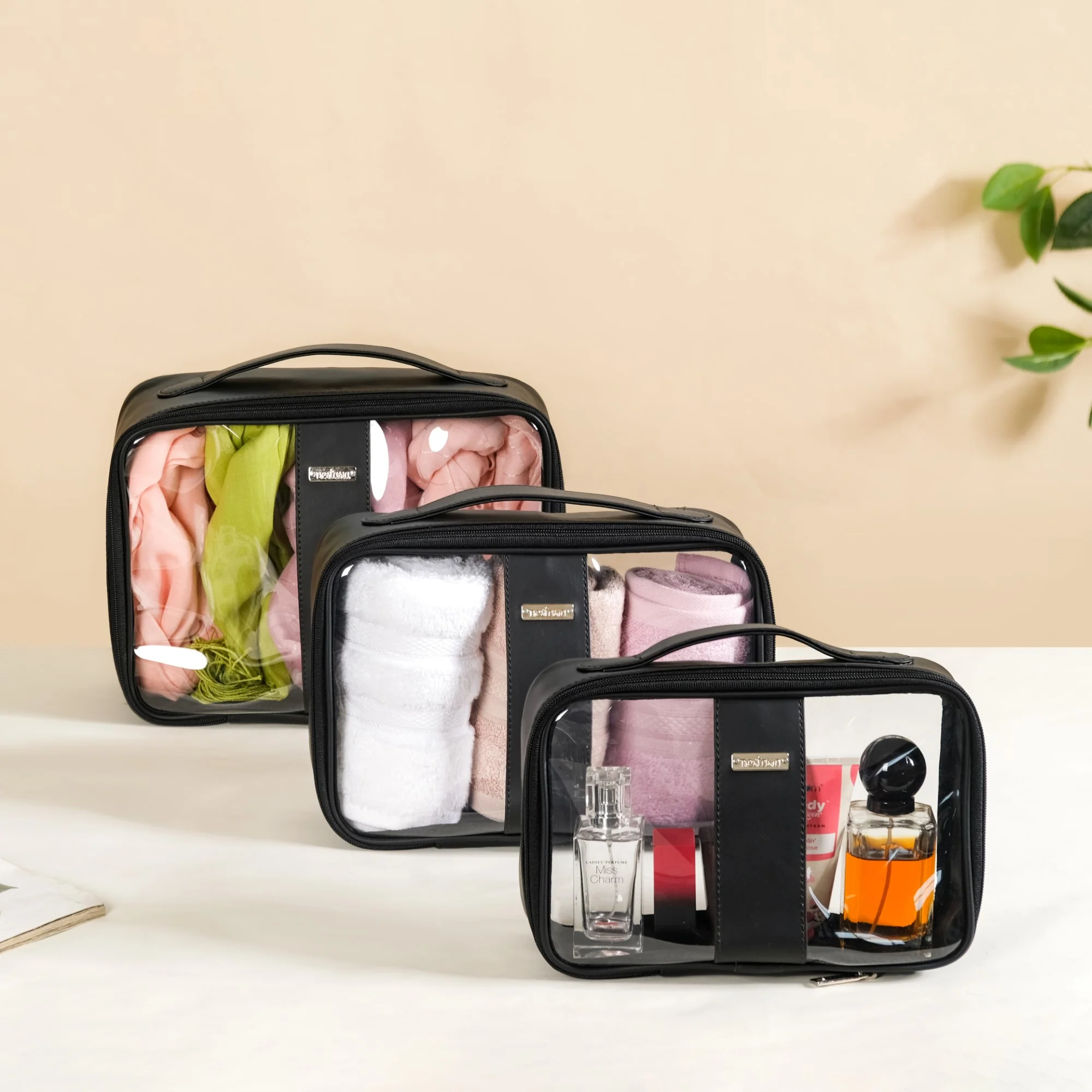 Black Vegan Leather Transparent Travel Kit Set Of 3 - Image 10