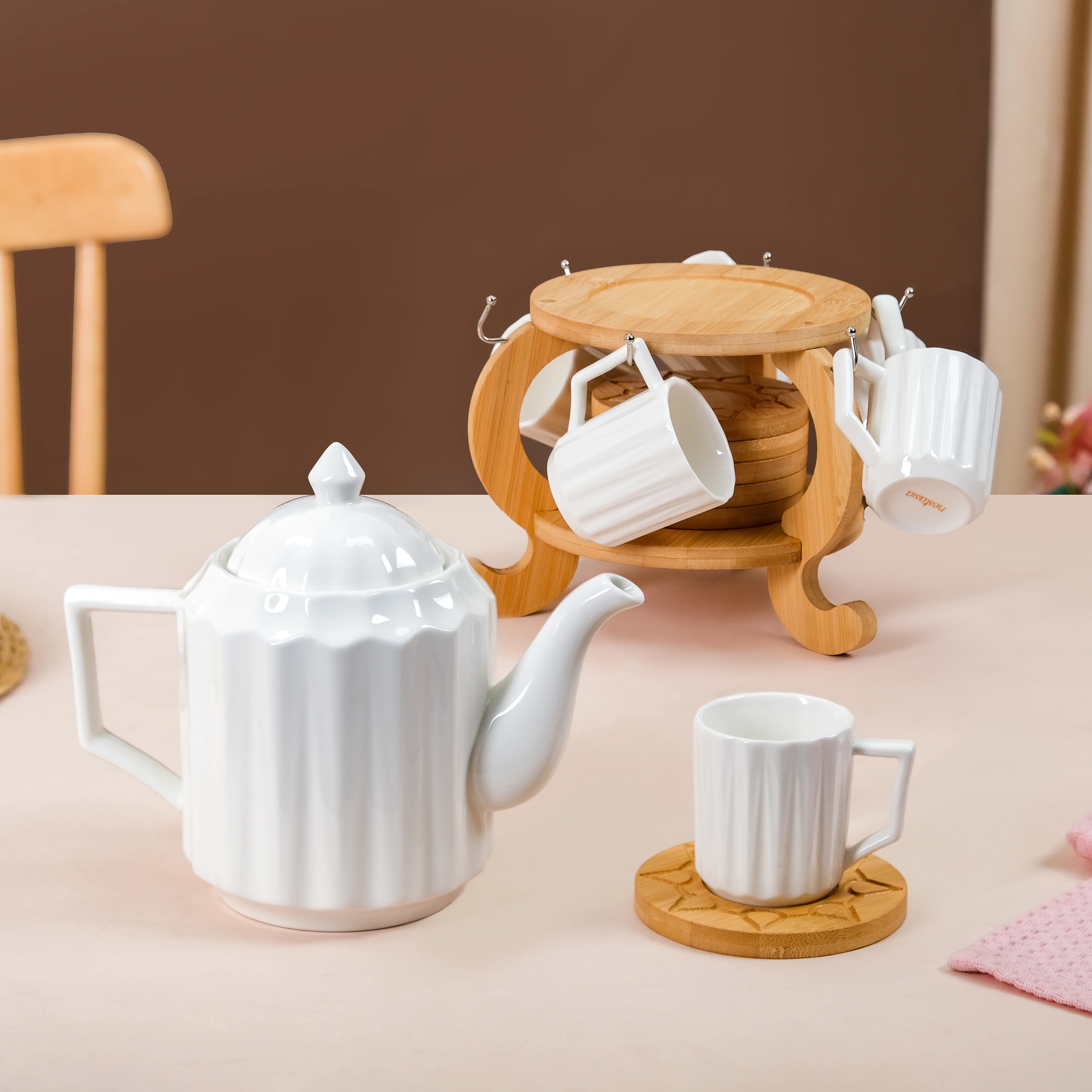 Blanca Fluted Ceramic Tea Set With 6 Cups Kettle And Wooden Stand - Image 6