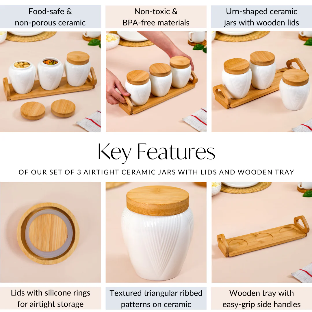Blanca Set Of 3 Airtight Ceramic Jars With Lids And Wooden Tray - Image 5