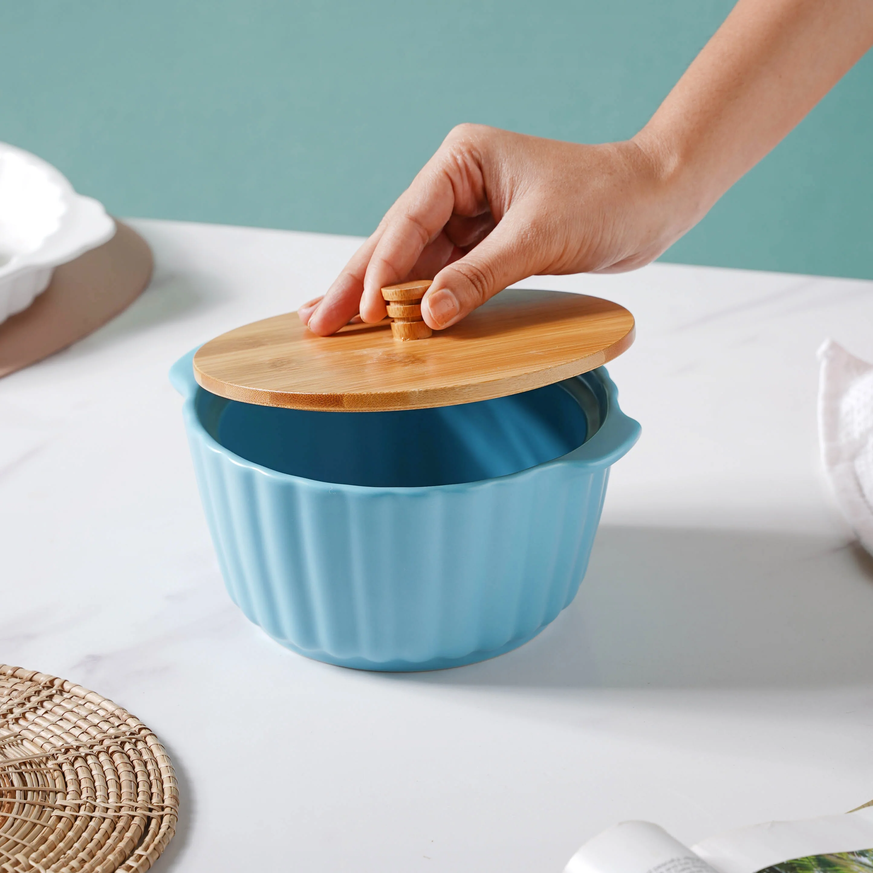 Bliss Blue Scalloped Pot With Lid 8 Inch - Image 3