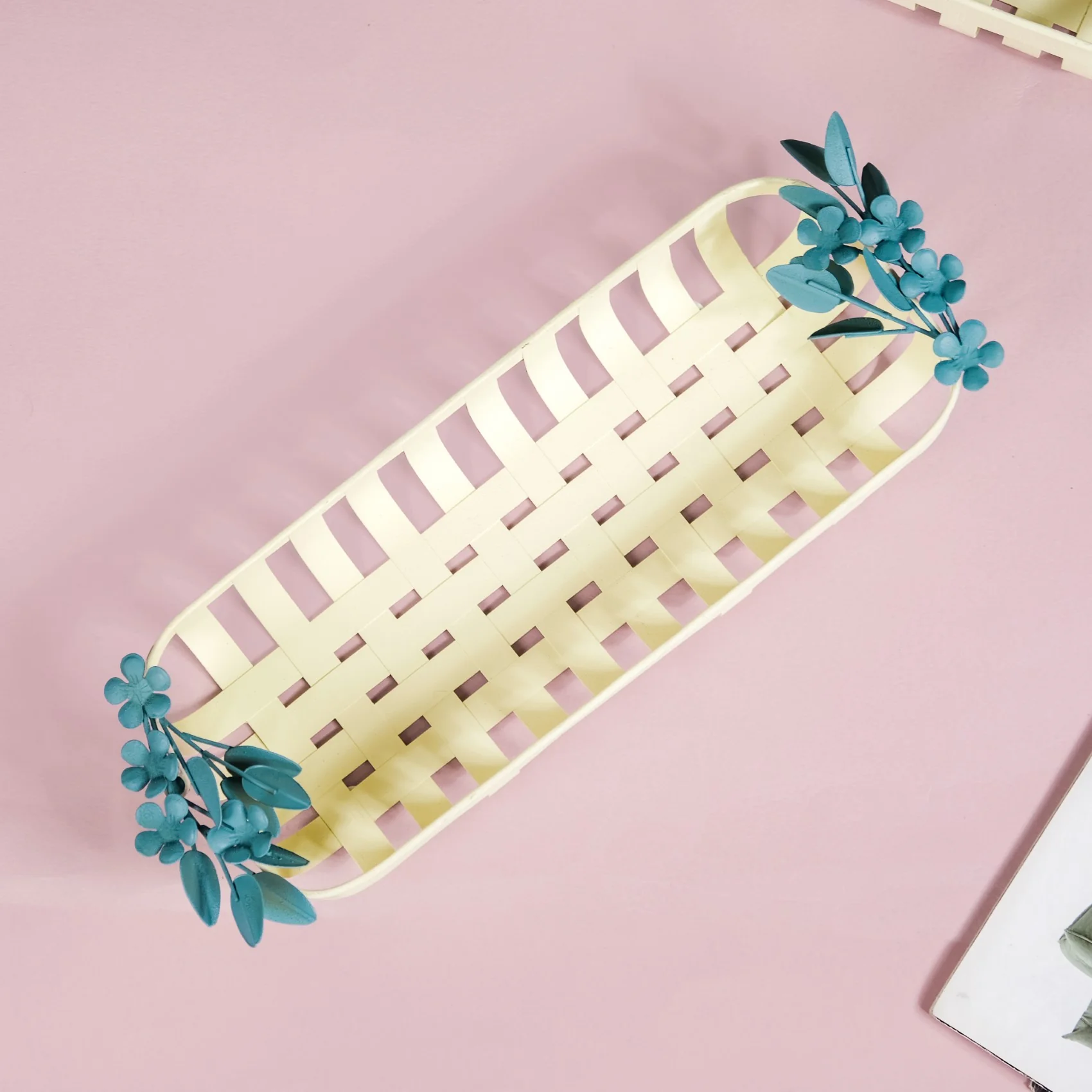 Bloom Basket Metal Decorative Tray Yellow Blue 14x6 Inch - Image 2