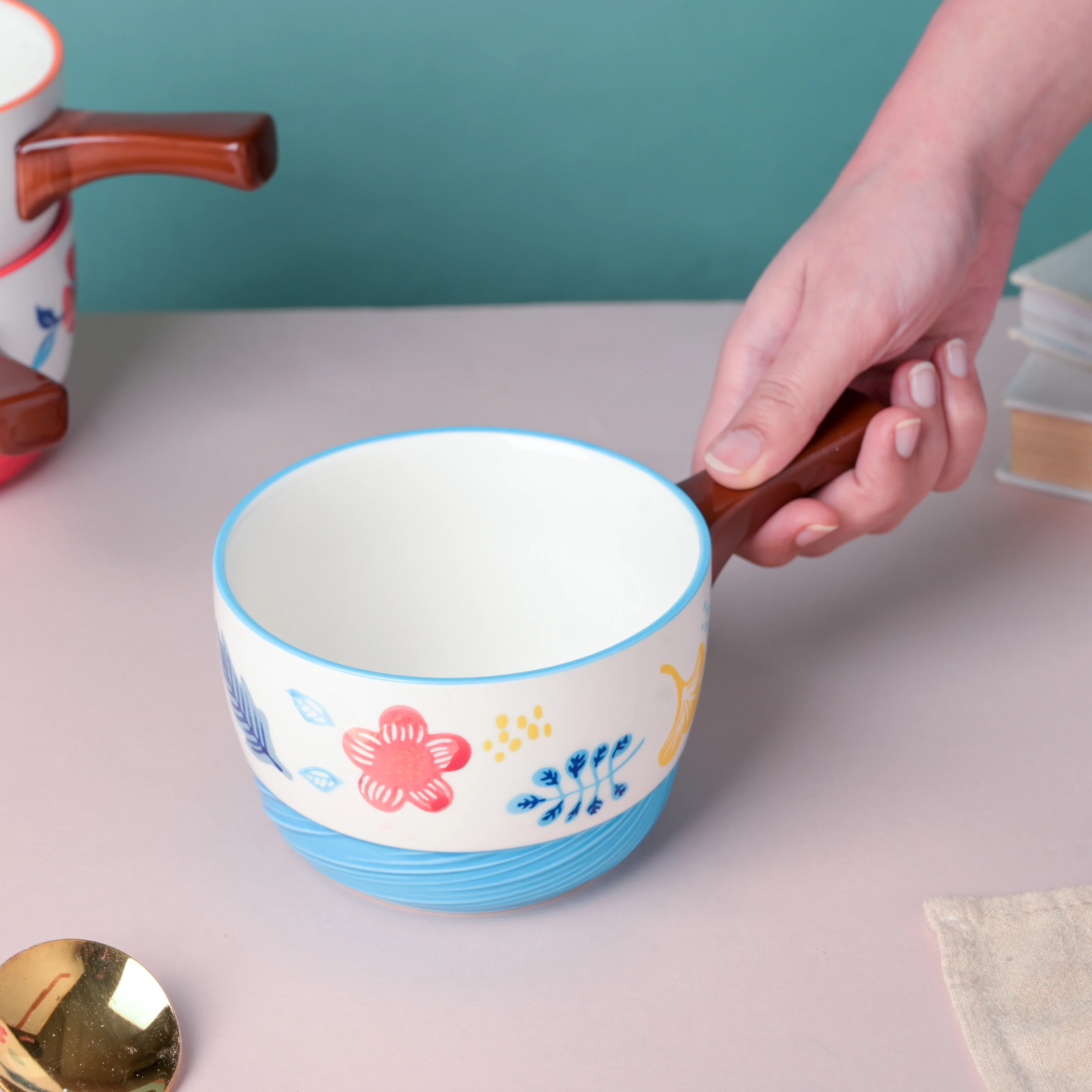 Bloom Blue Ceramic Pot With Handle - Image 2