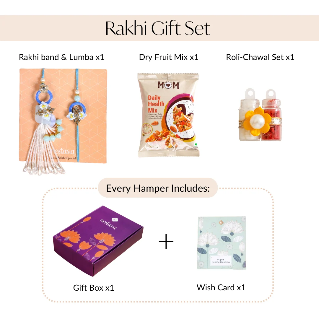 Bloom Bond Rakhi Lumba Set In Blue - Image 3