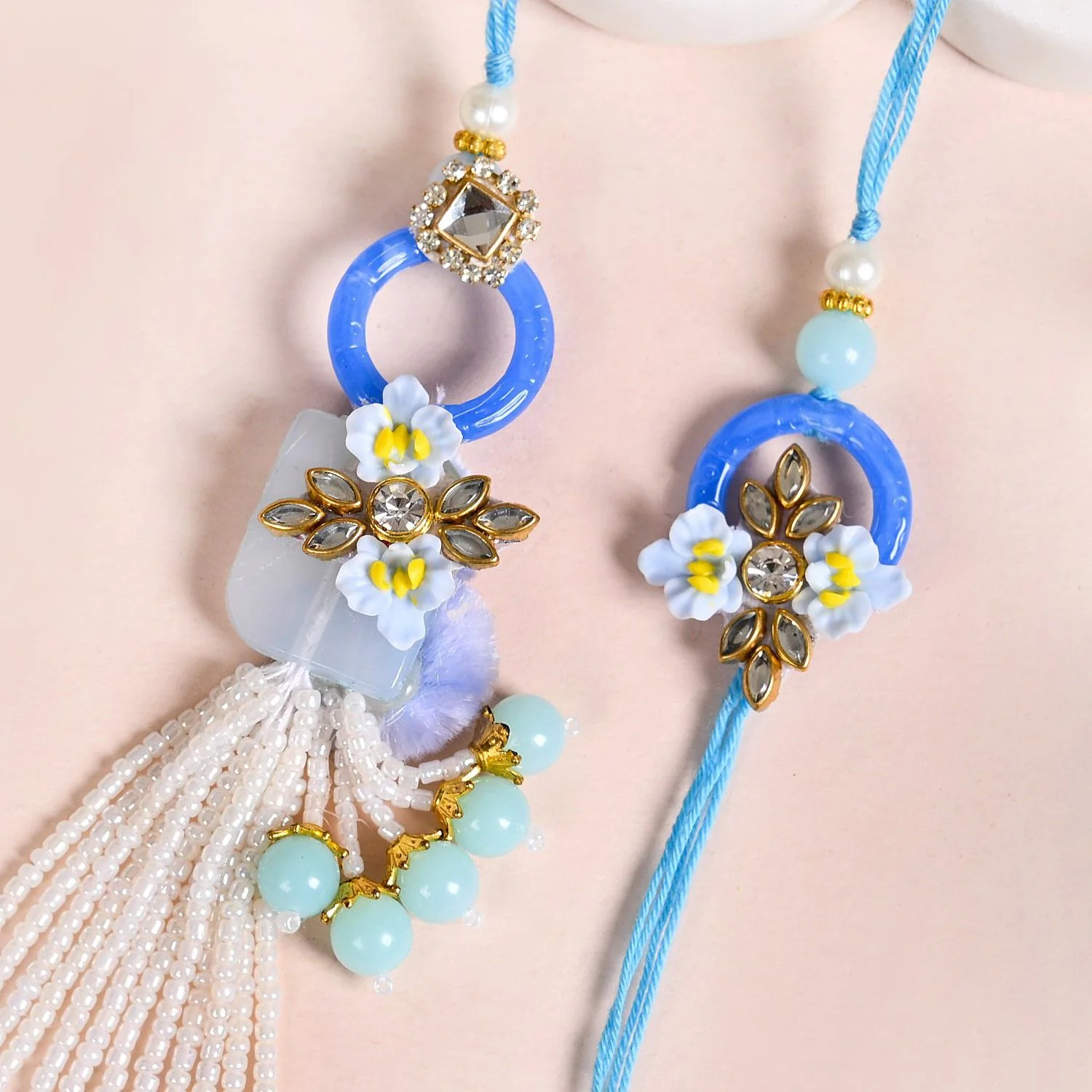 Bloom Bond Rakhi Lumba Set In Blue - Image 4