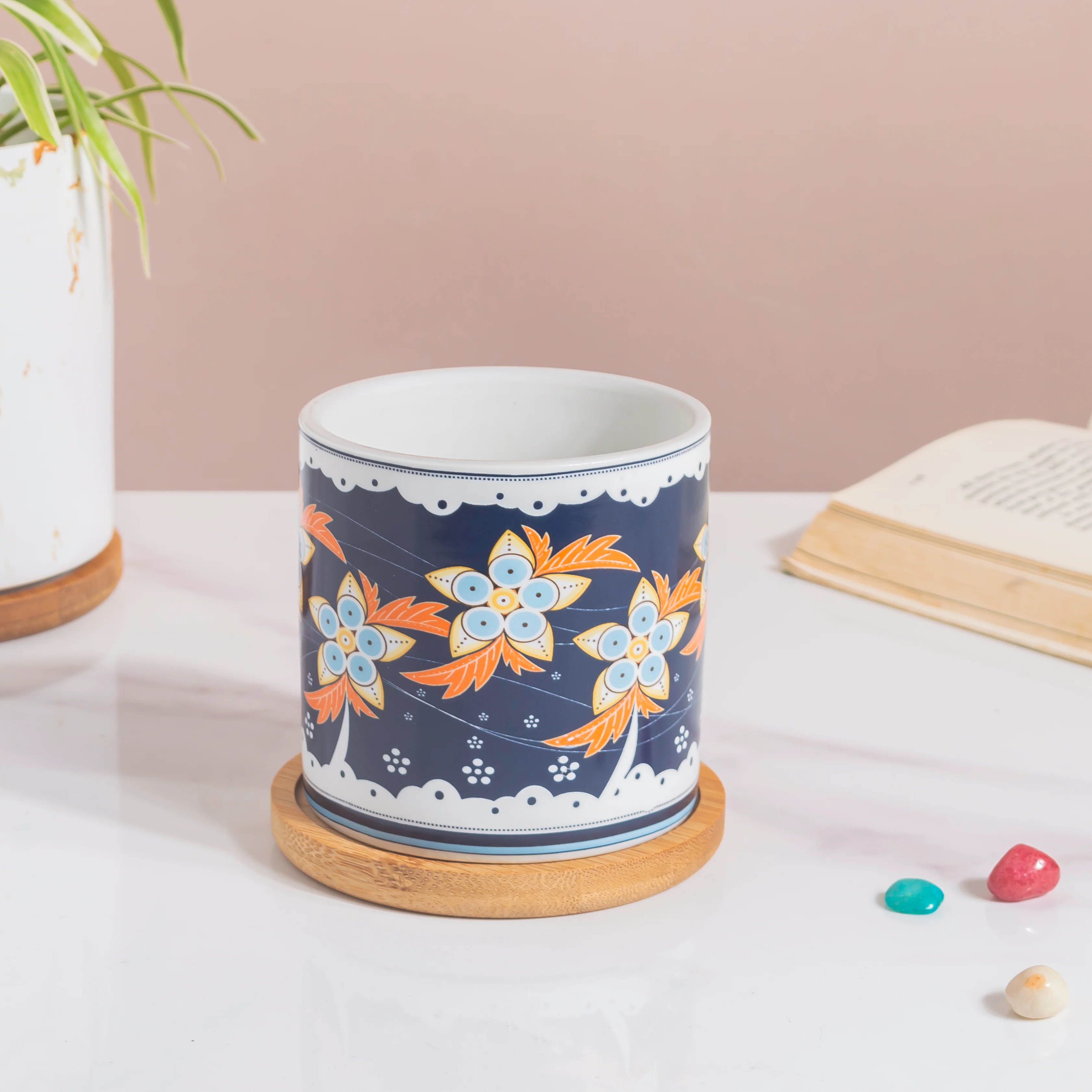 Bloom Fiesta Botanical Planter Blue With Wooden Coaster - Image 3