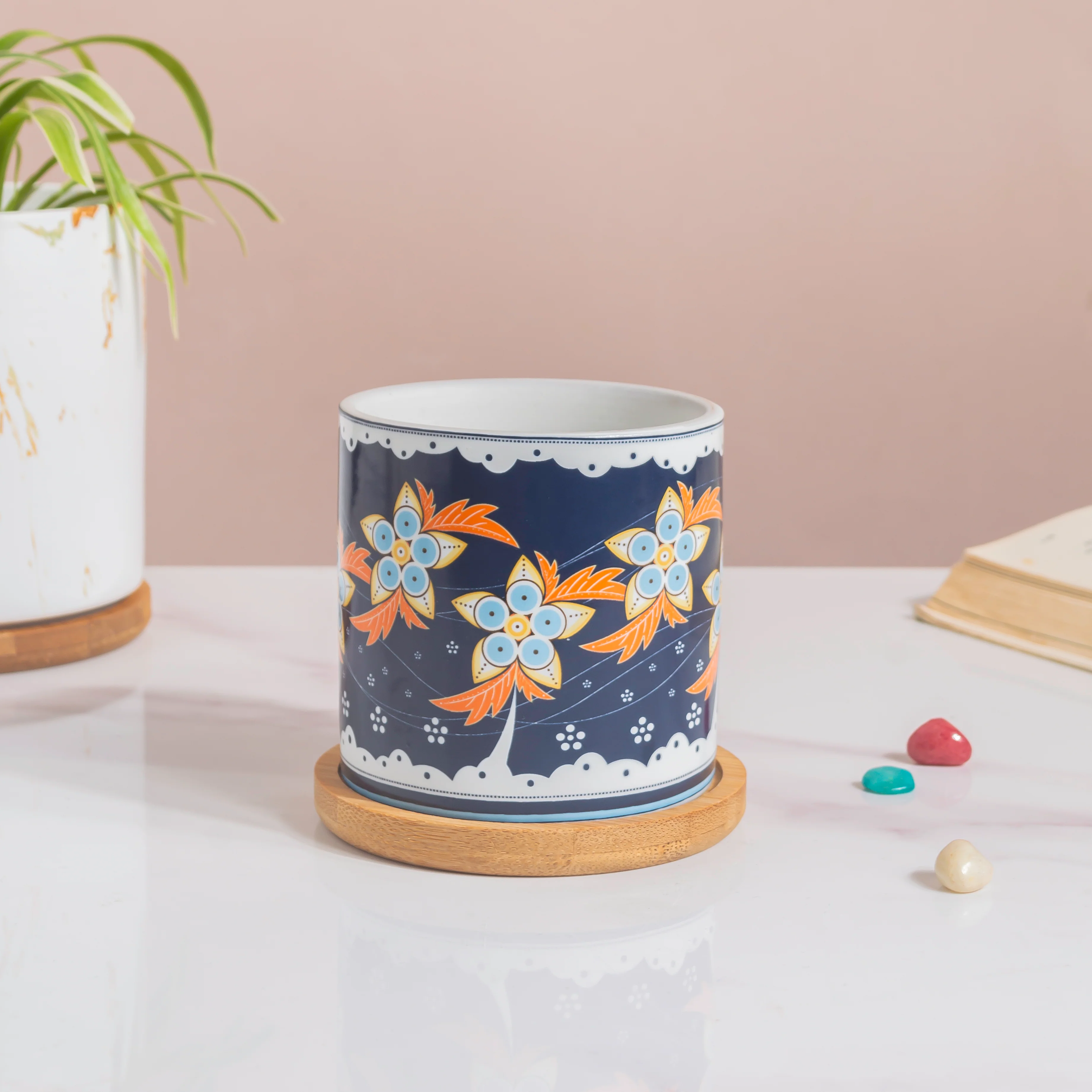 Bloom Fiesta Botanical Planter Blue With Wooden Coaster - Image 4