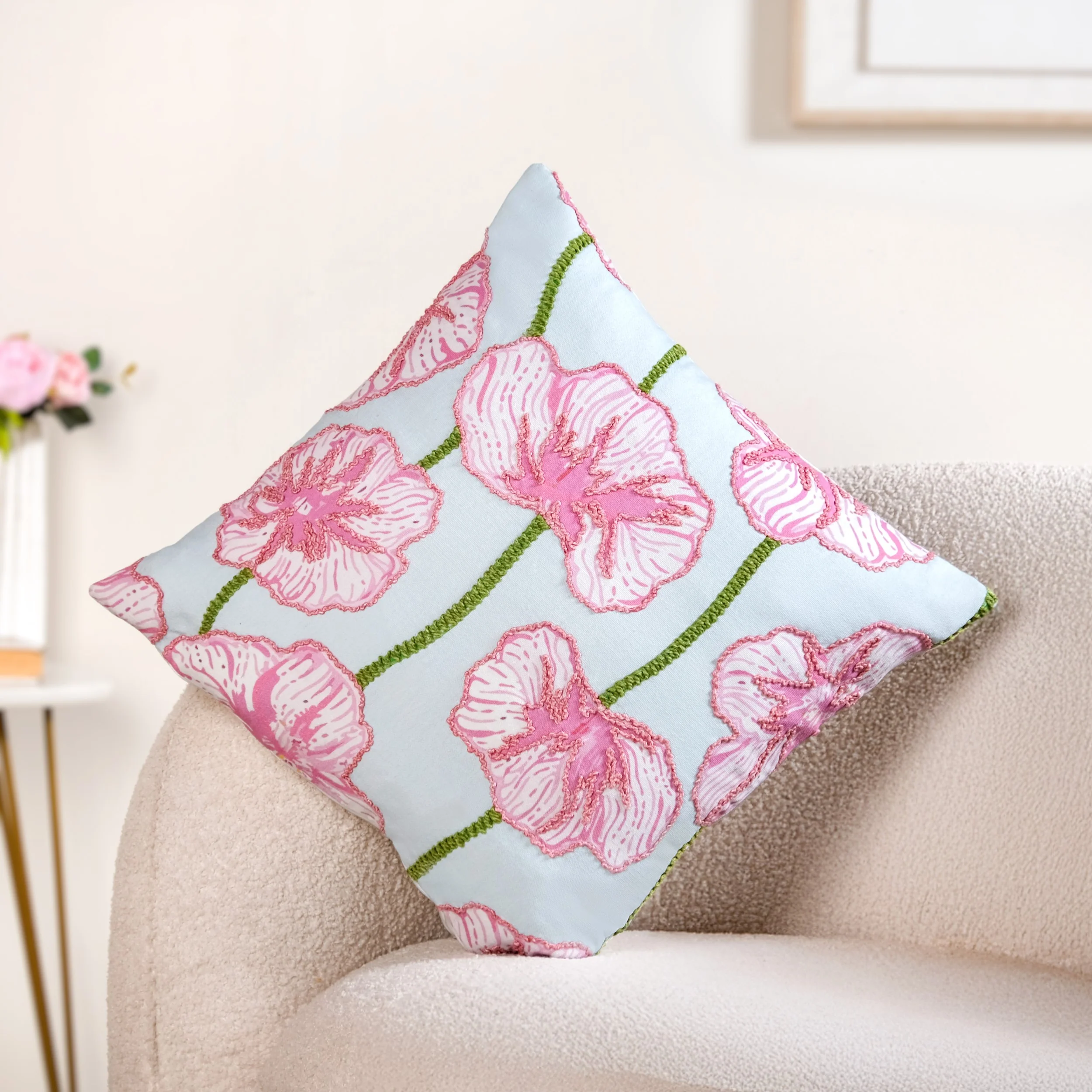 Blooming Blush Embroidered Cotton Cushion Cover 40x40cm