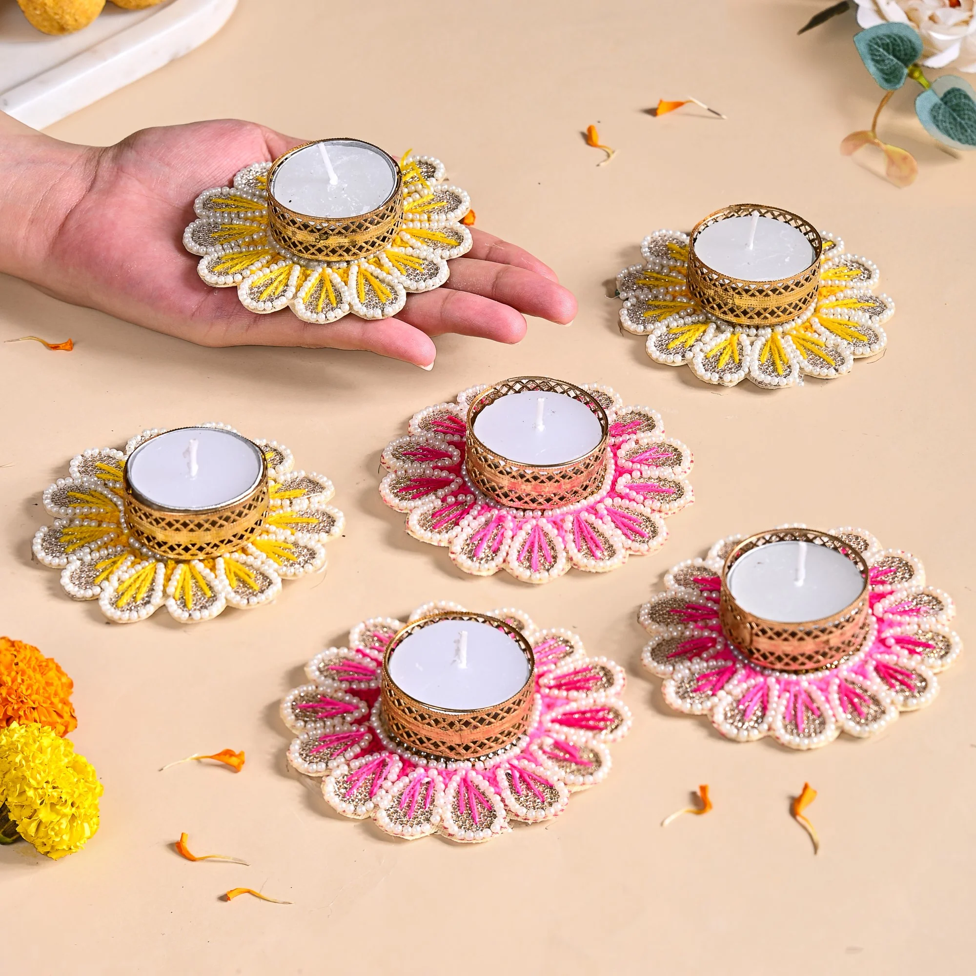 Blossom Tea Light Holder With Pearl Embellishment Set Of 6 - Image 2