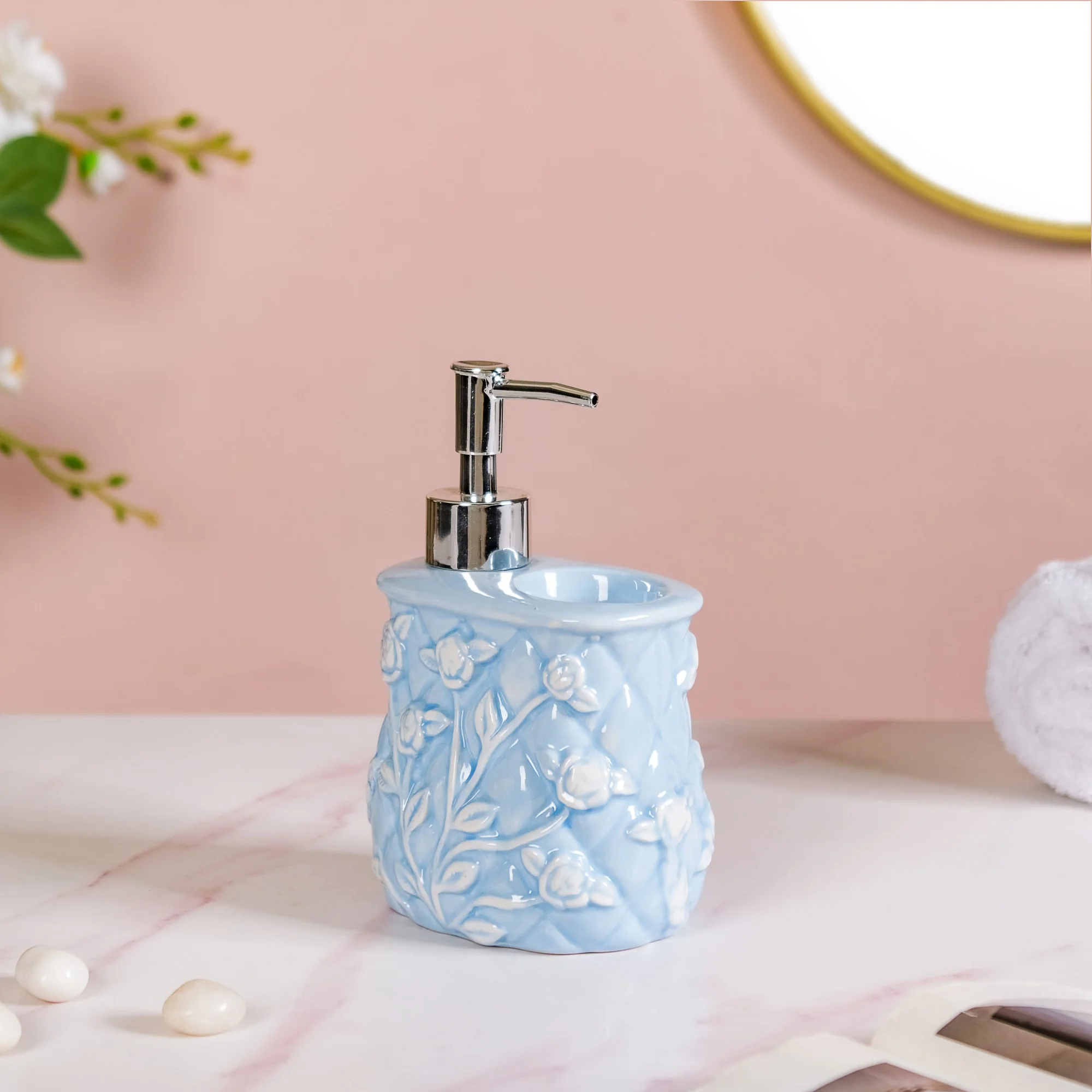 Blue 2 In 1 Ceramic Dispenser With Toothbrush Holder - Image 10