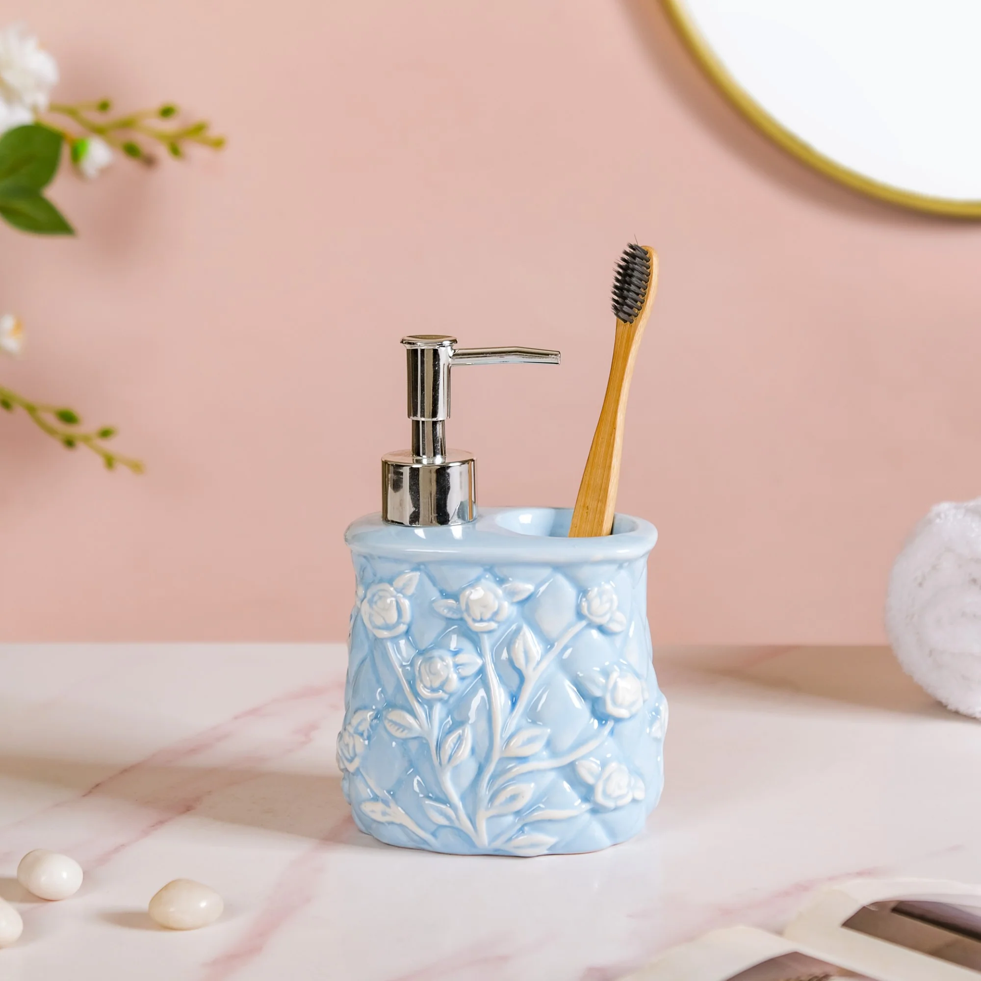 Blue 2 In 1 Ceramic Dispenser With Toothbrush Holder - Image 3