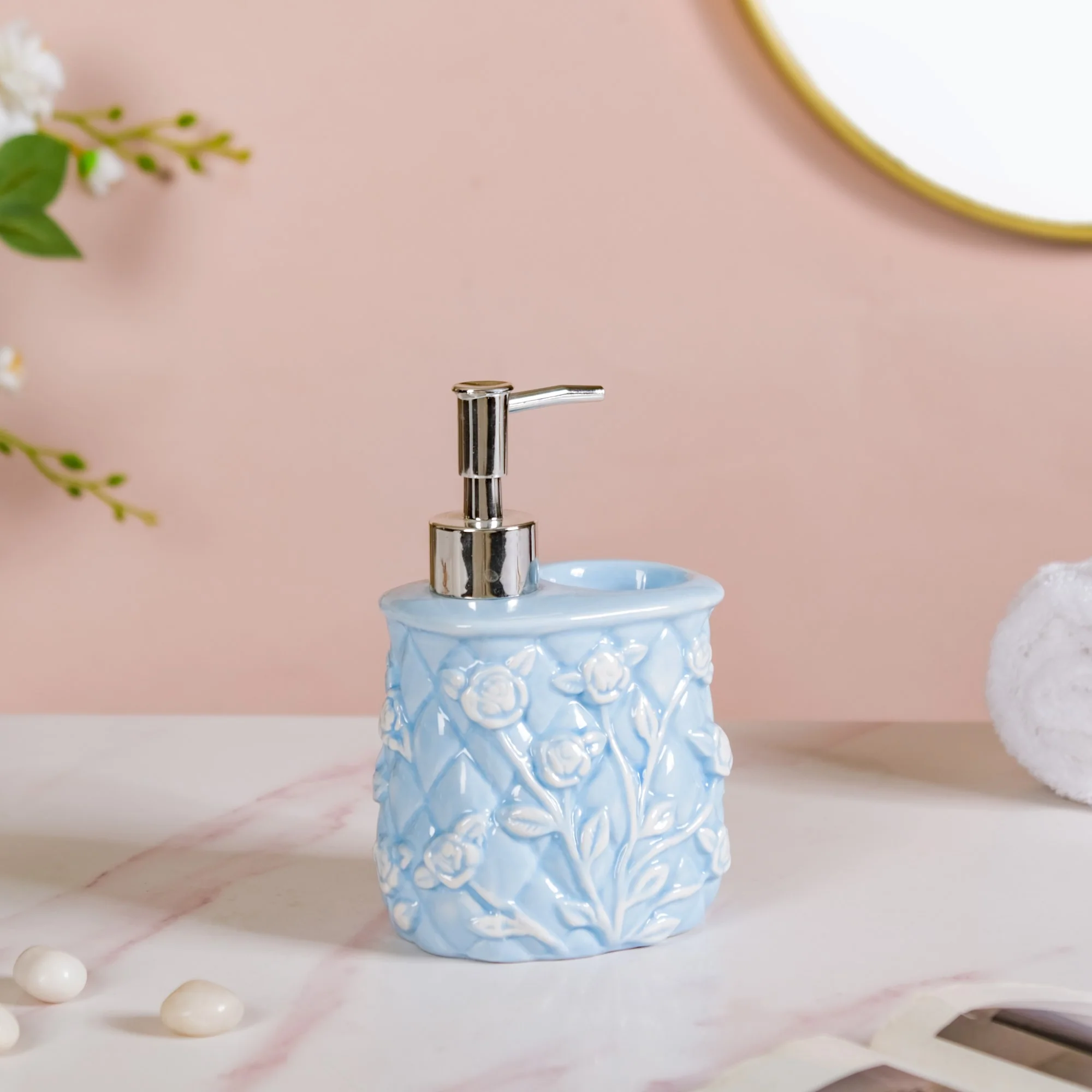 Blue 2 In 1 Ceramic Dispenser With Toothbrush Holder - Image 9