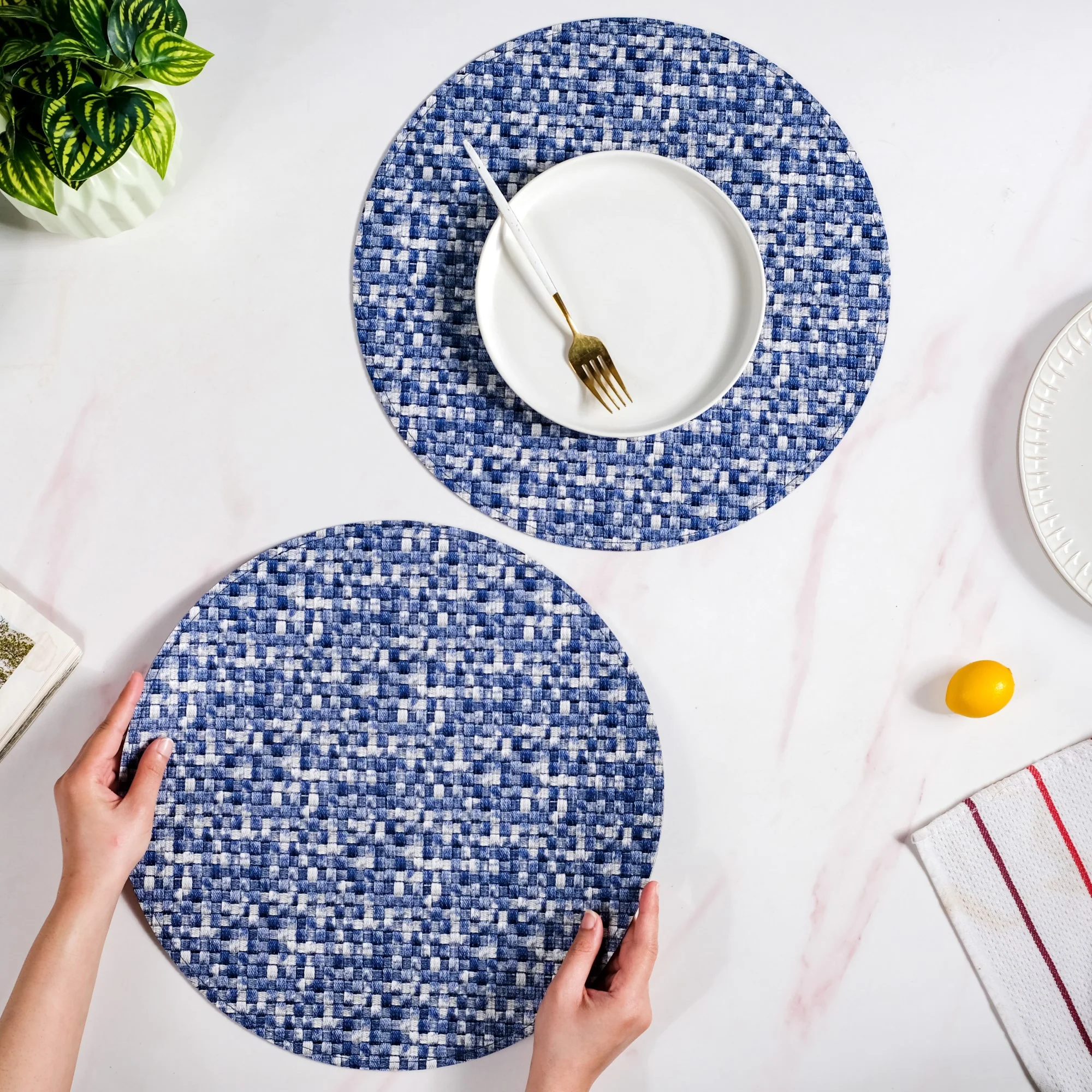 Blue And White Intrecciato Weave Round Table Mat Set Of 6 - Image 2
