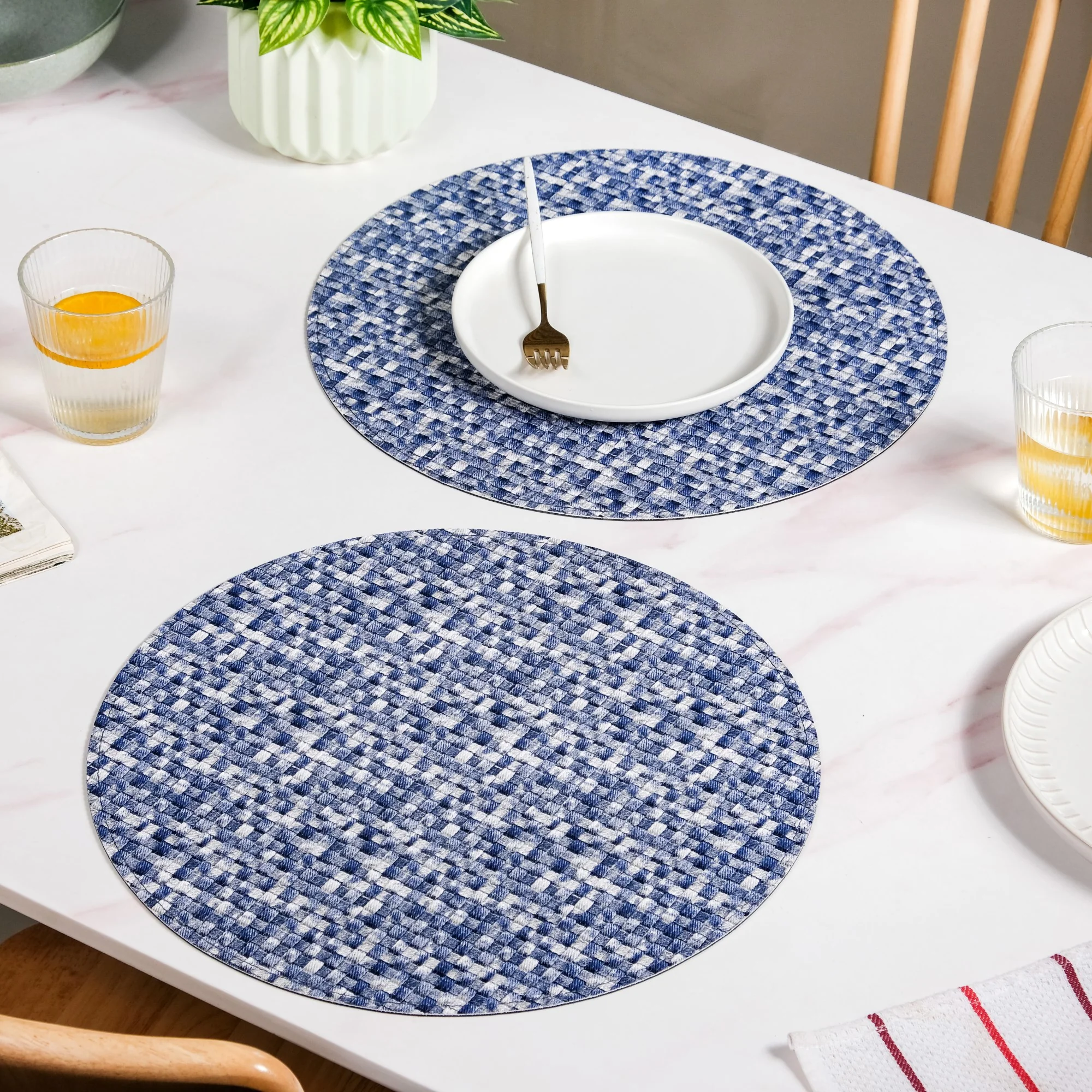 Blue And White Intrecciato Weave Round Table Mat Set Of 6 - Image 7