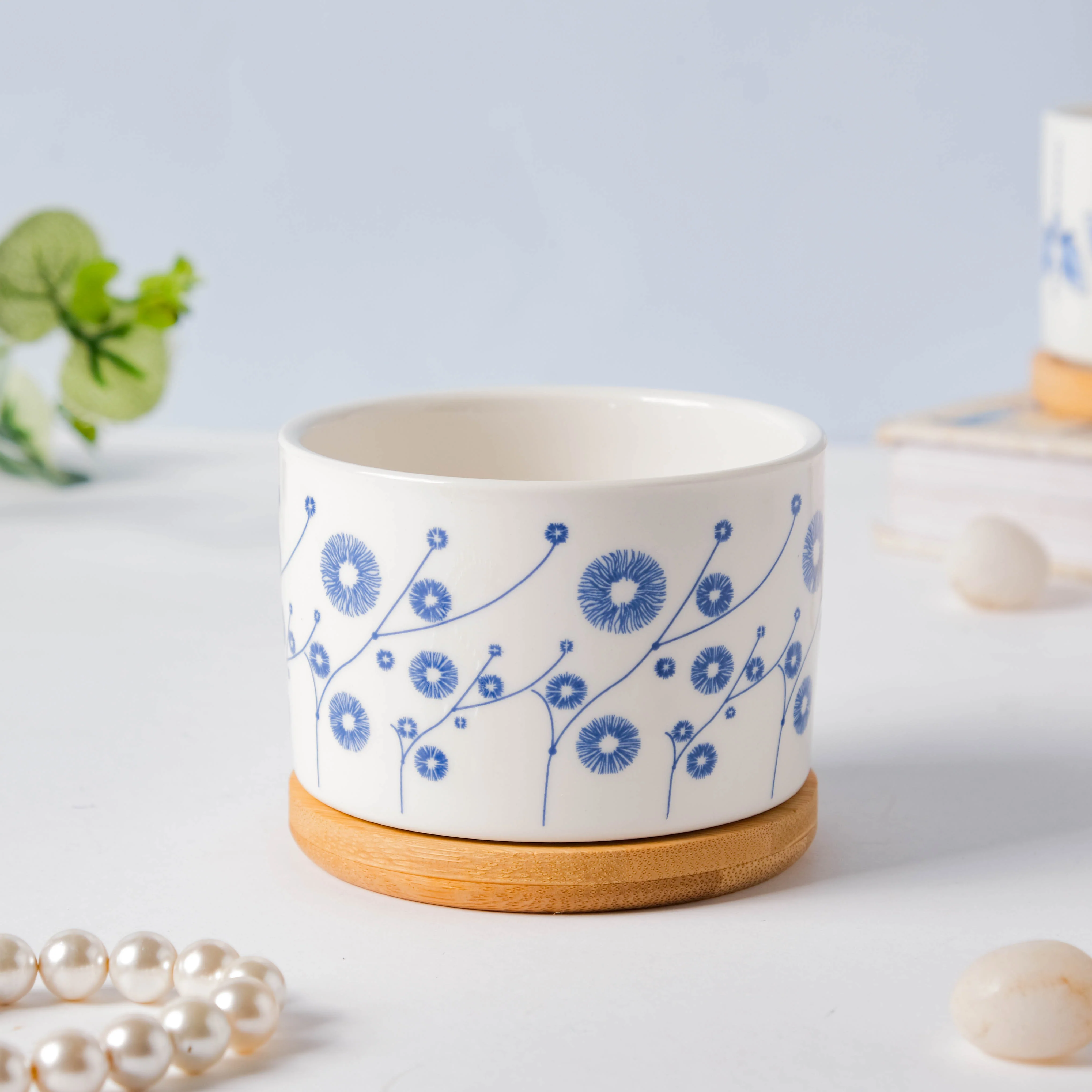 Blue Aster Japanese Planter With Wooden Coaster - Image 4