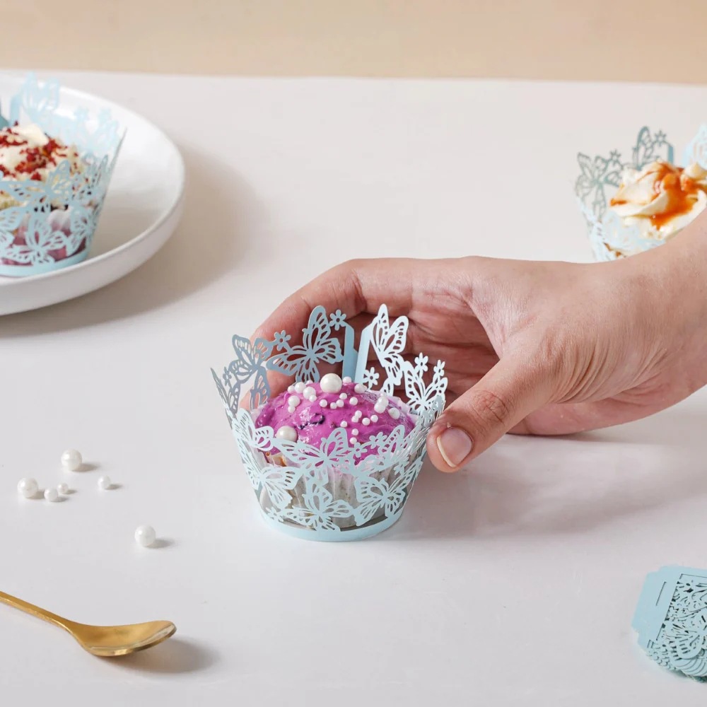 Blue Butterfly Lace Cupcake Wrapper Set of 20 - Image 2