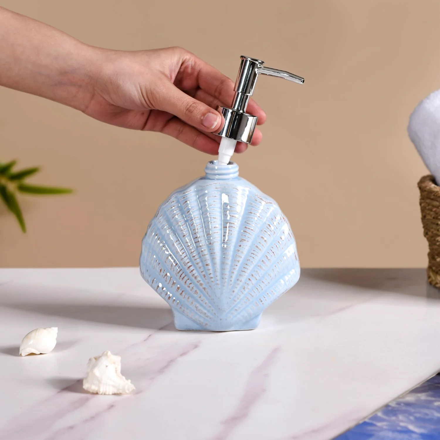 Blue Ceramic Seashell Liquid Dispenser - Image 2