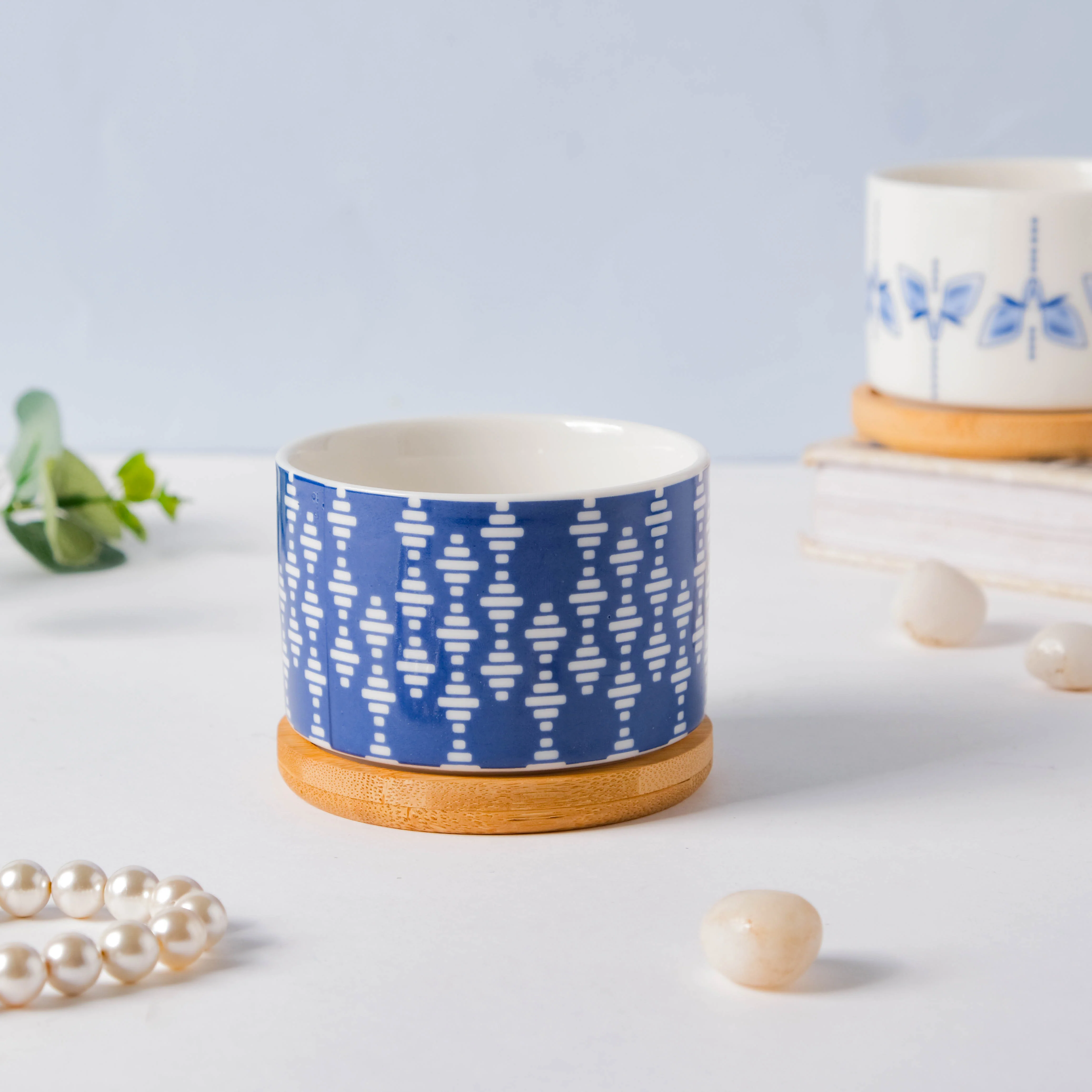 Blue Curtain Printed White Pattern Planter With Coaster - Image 3