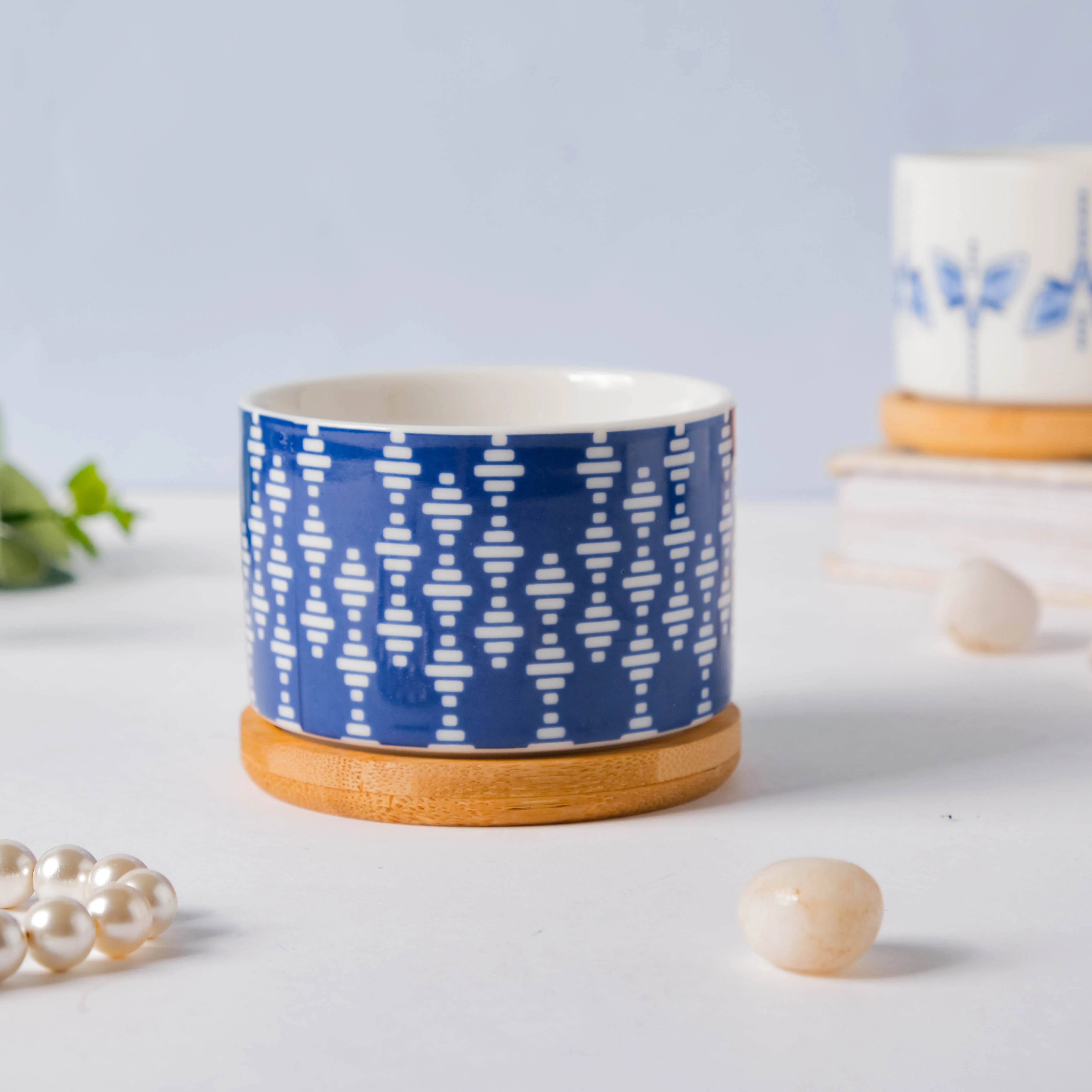 Blue Curtain Printed White Pattern Planter With Coaster - Image 4