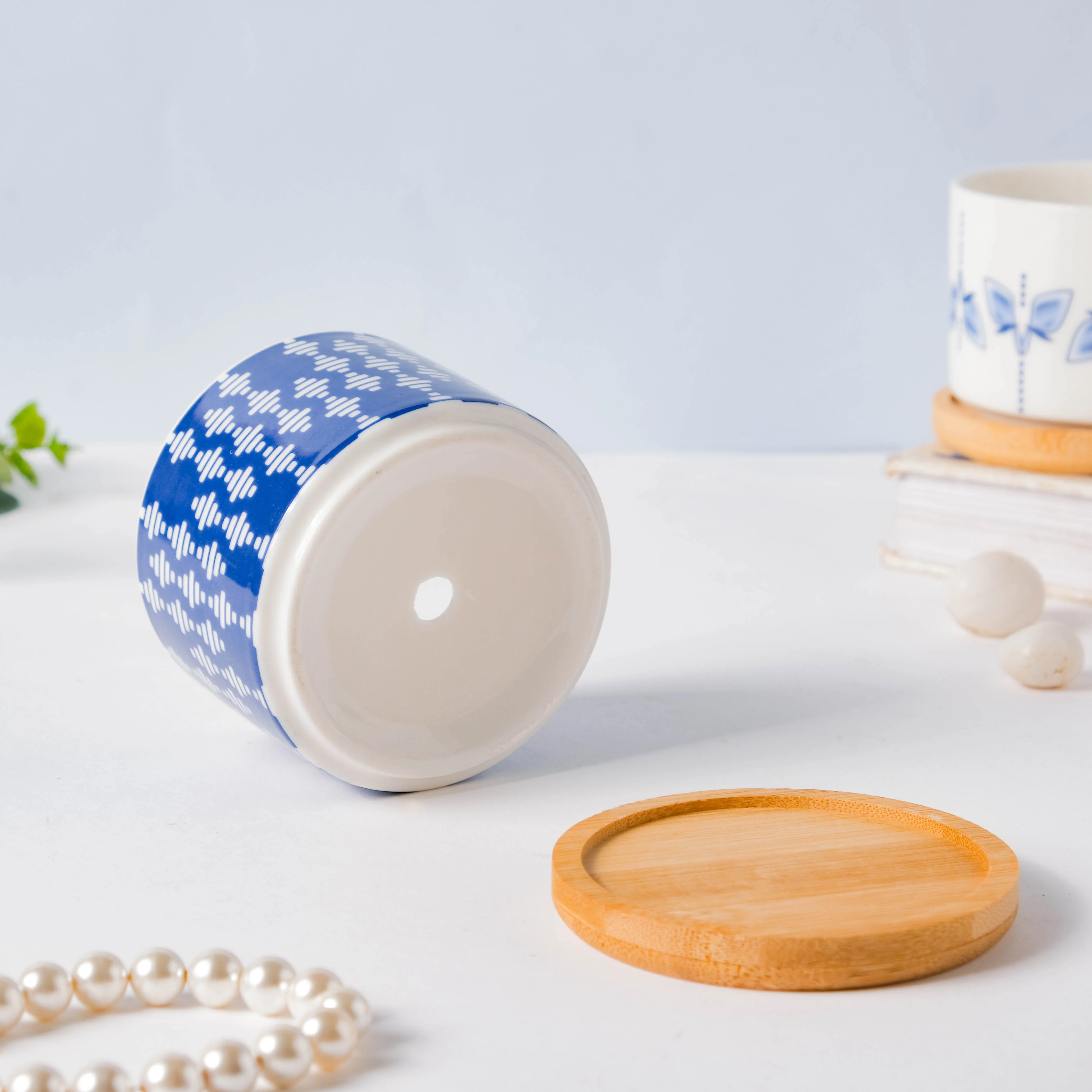 Blue Curtain Printed White Pattern Planter With Coaster - Image 8