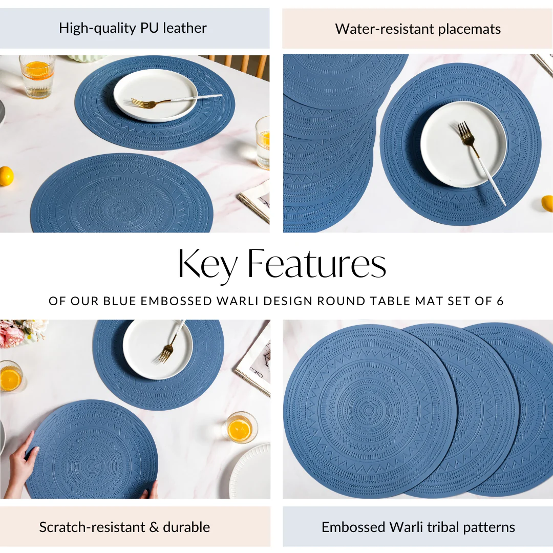Blue Embossed Warli Design Round Table Mat Set Of 6 - Image 4