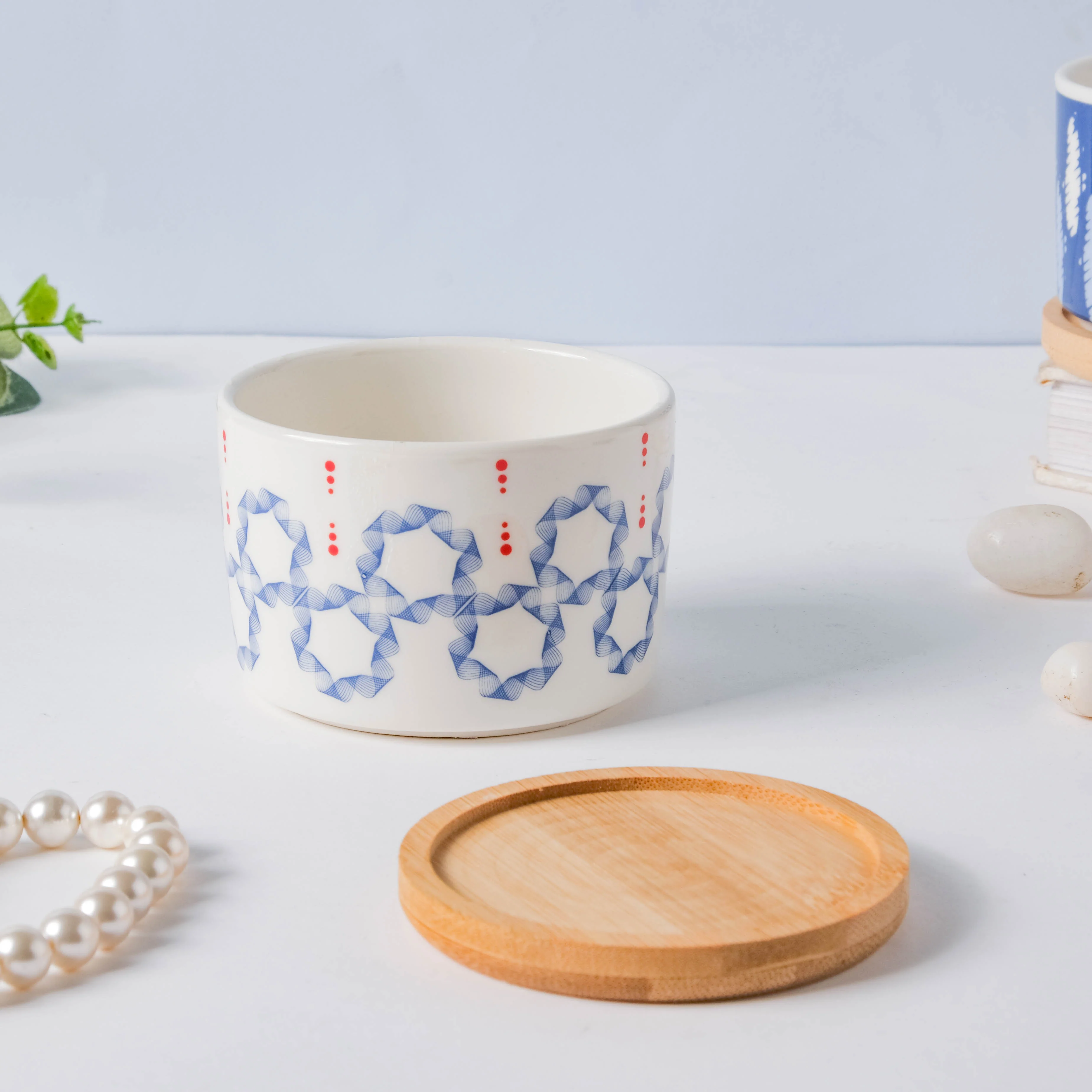 Blue Floral Japanese Planter And Wooden Coaster - Image 5