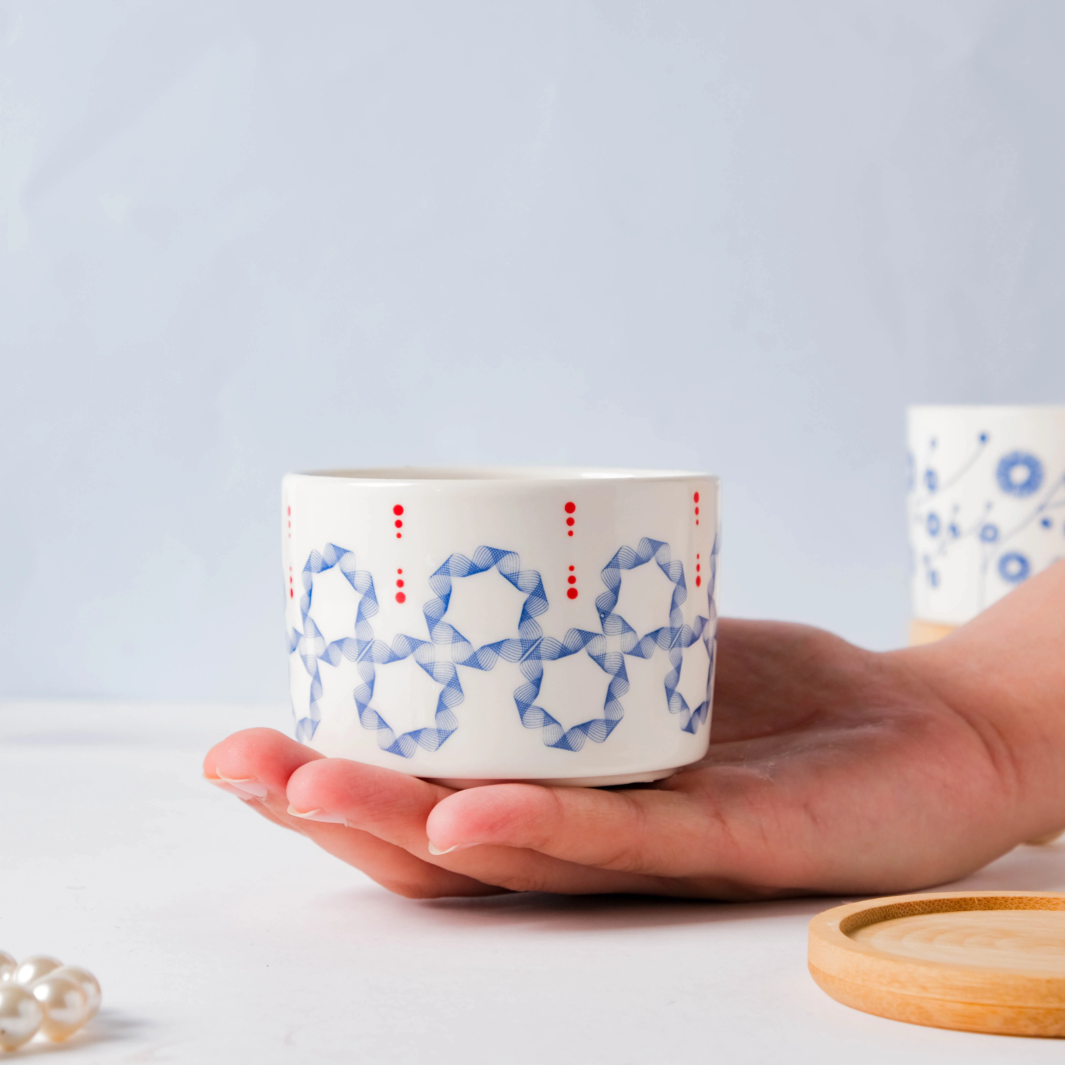 Blue Floral Japanese Planter And Wooden Coaster - Image 6
