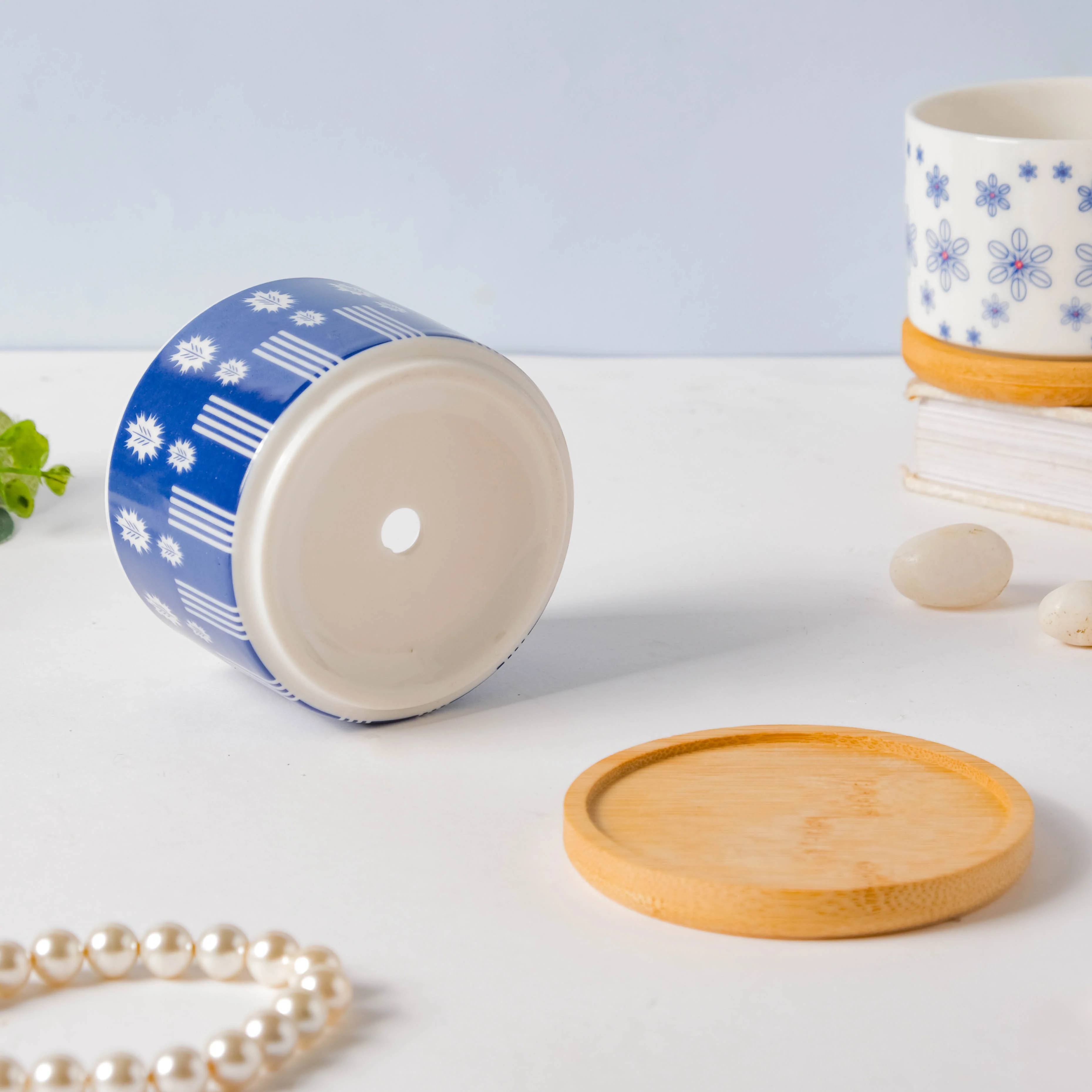 Blue Leaf Japanese Planter And Wooden Coaster - Image 7