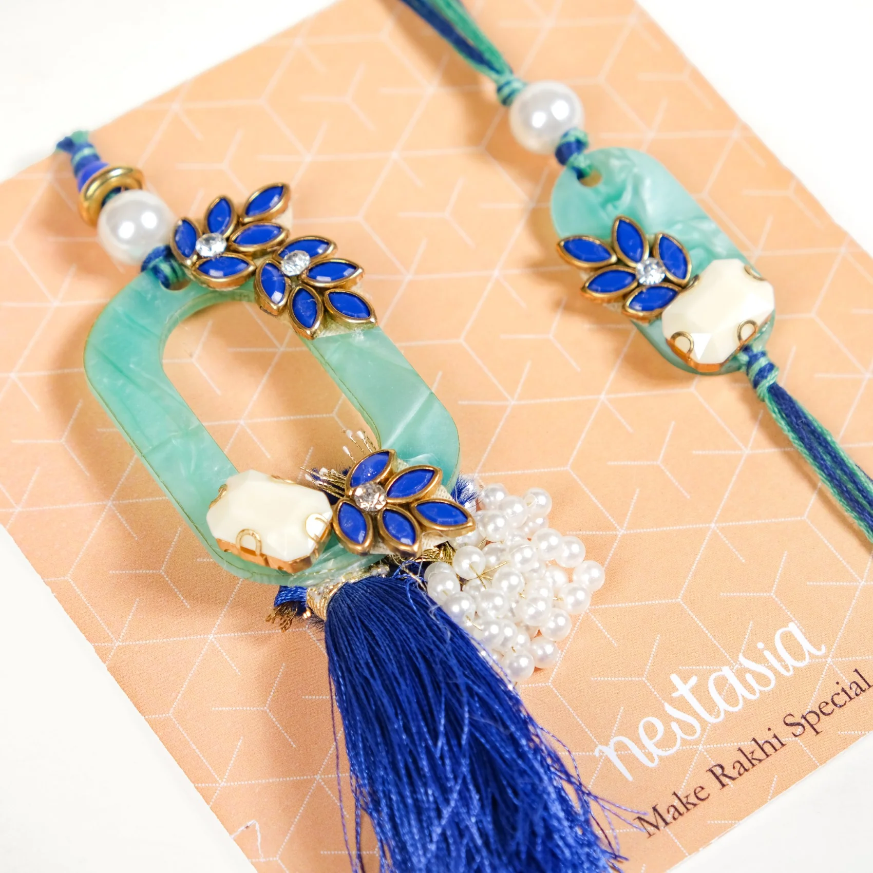Blue Leaf Motif Designer Rakhi Lumba Set Of 4 With Box And Card - Image 6