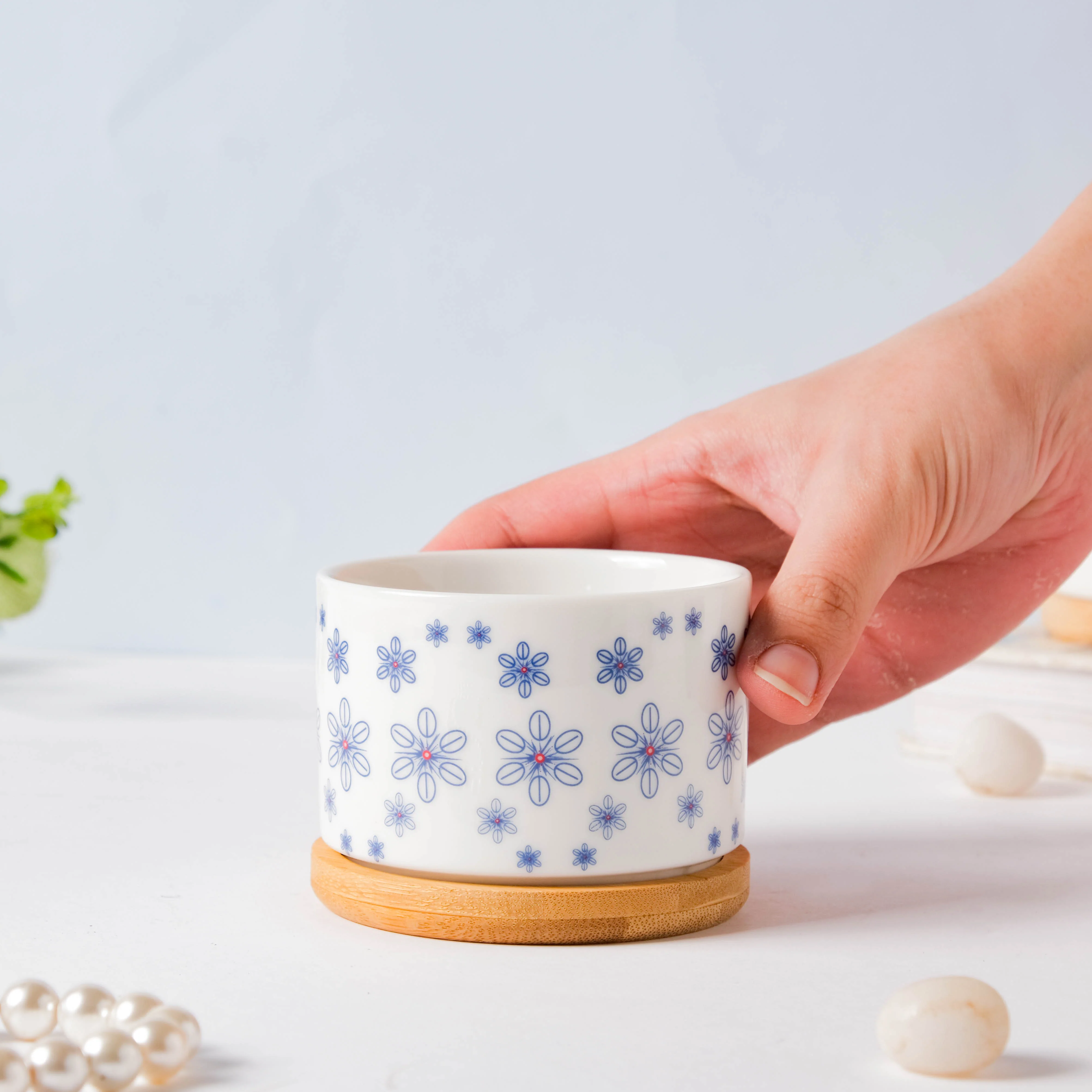 Blue Snowflake Japanese Planter And Wooden Coaster - Image 4
