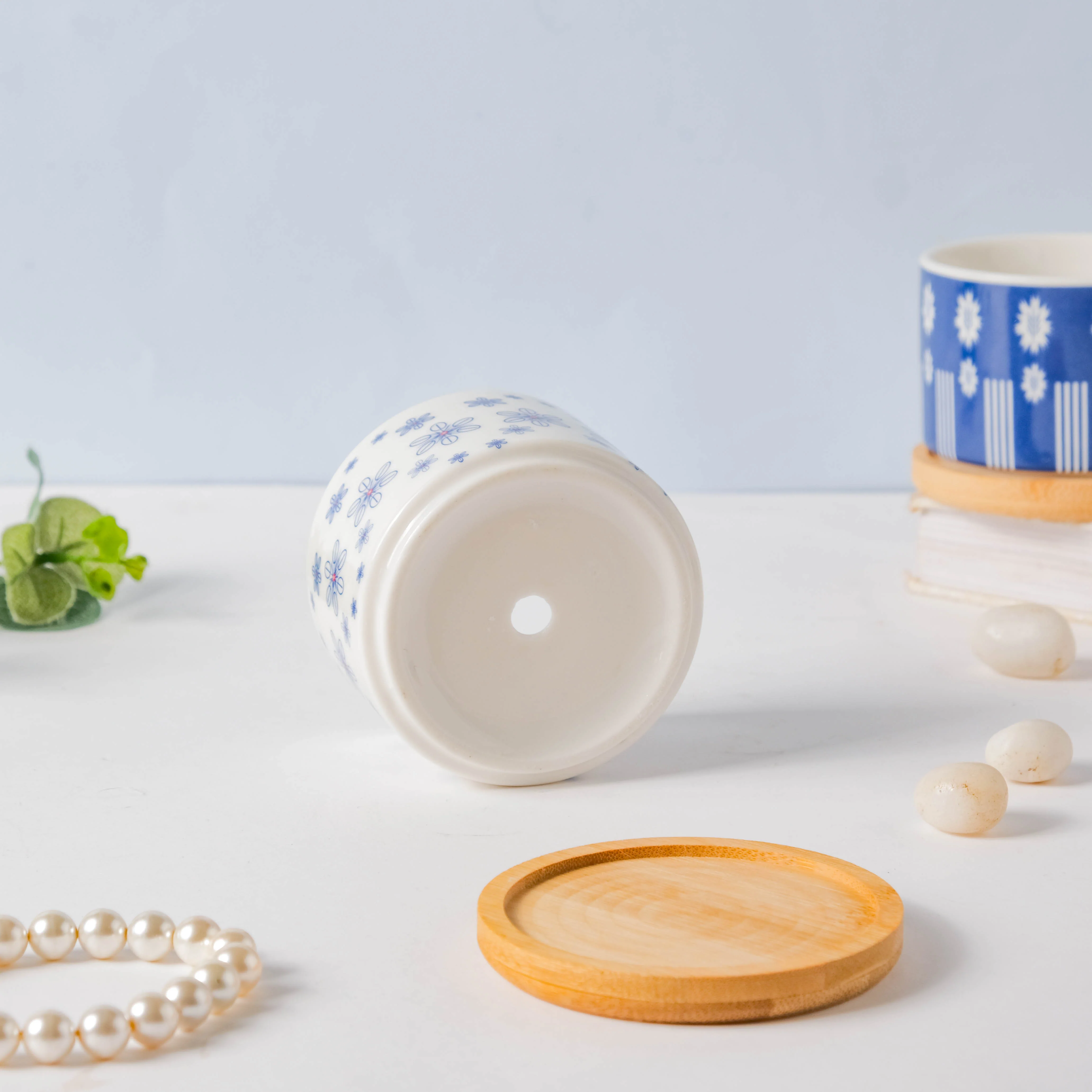 Blue Snowflake Japanese Planter And Wooden Coaster - Image 8