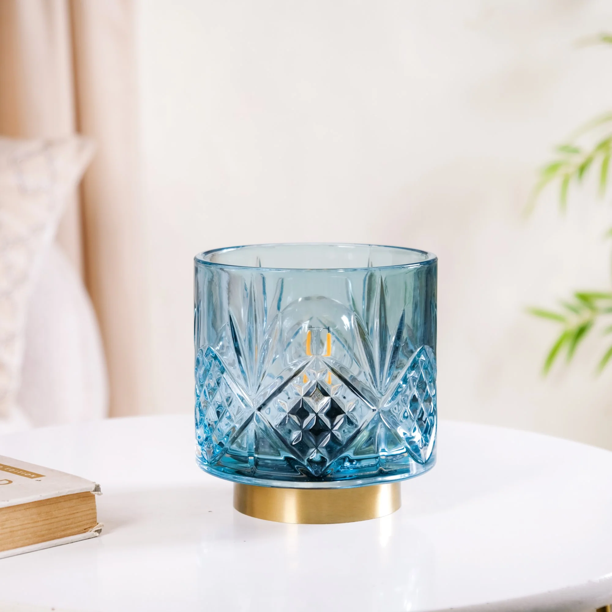 Blue Tinted Glass Cordless Table Lamp With LED Light Bulb - Image 2
