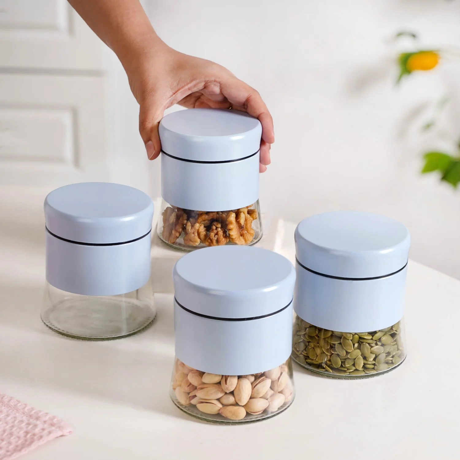 Blue Winnie Glass Jar With Metal Cover Set Of 4 600ml - Image 2