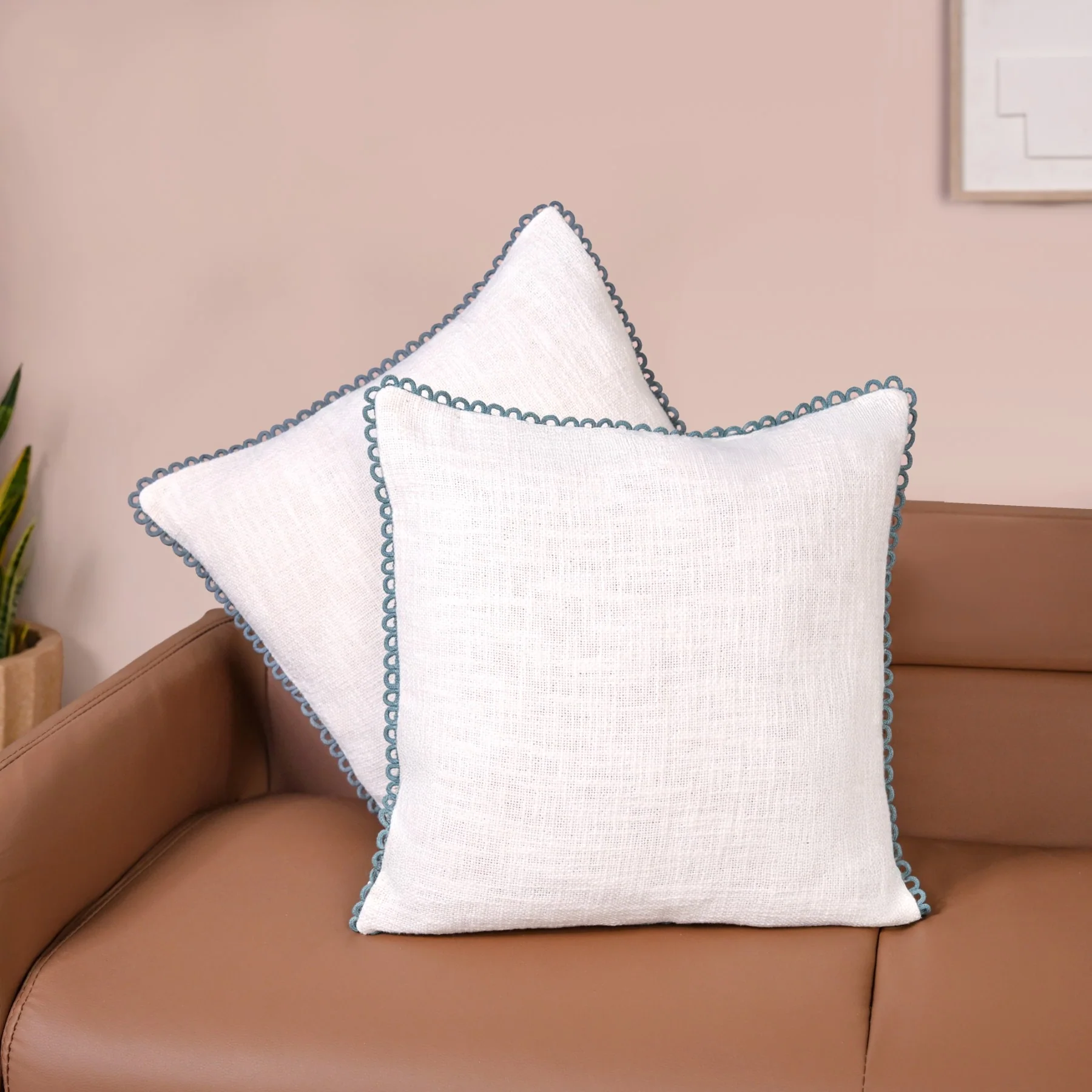 Blueline Lace Cotton Sofa With Looped Edging Set Cushion Cover Set Of 2 - Image 2