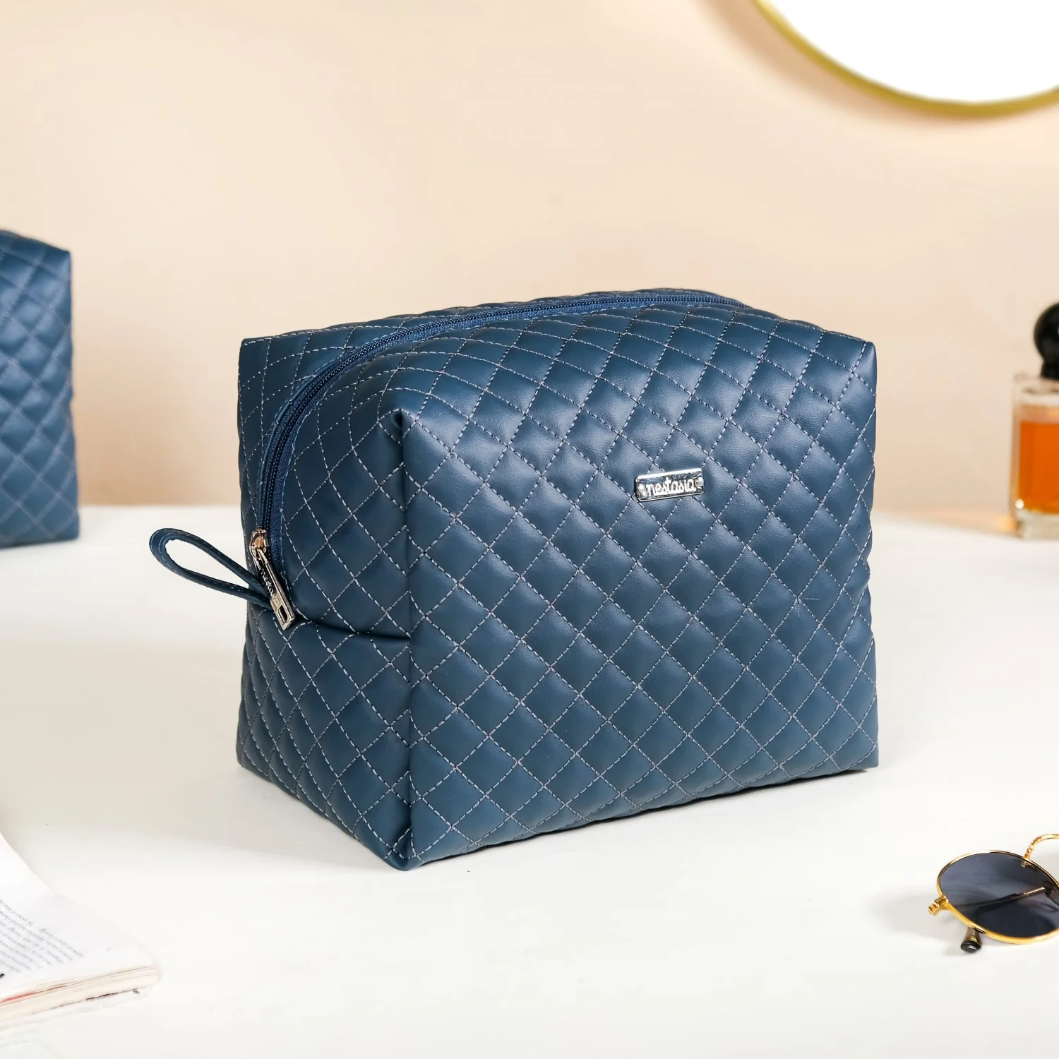 Bluish Grey Quilted Makeup Bags Set Of 3 - Image 12