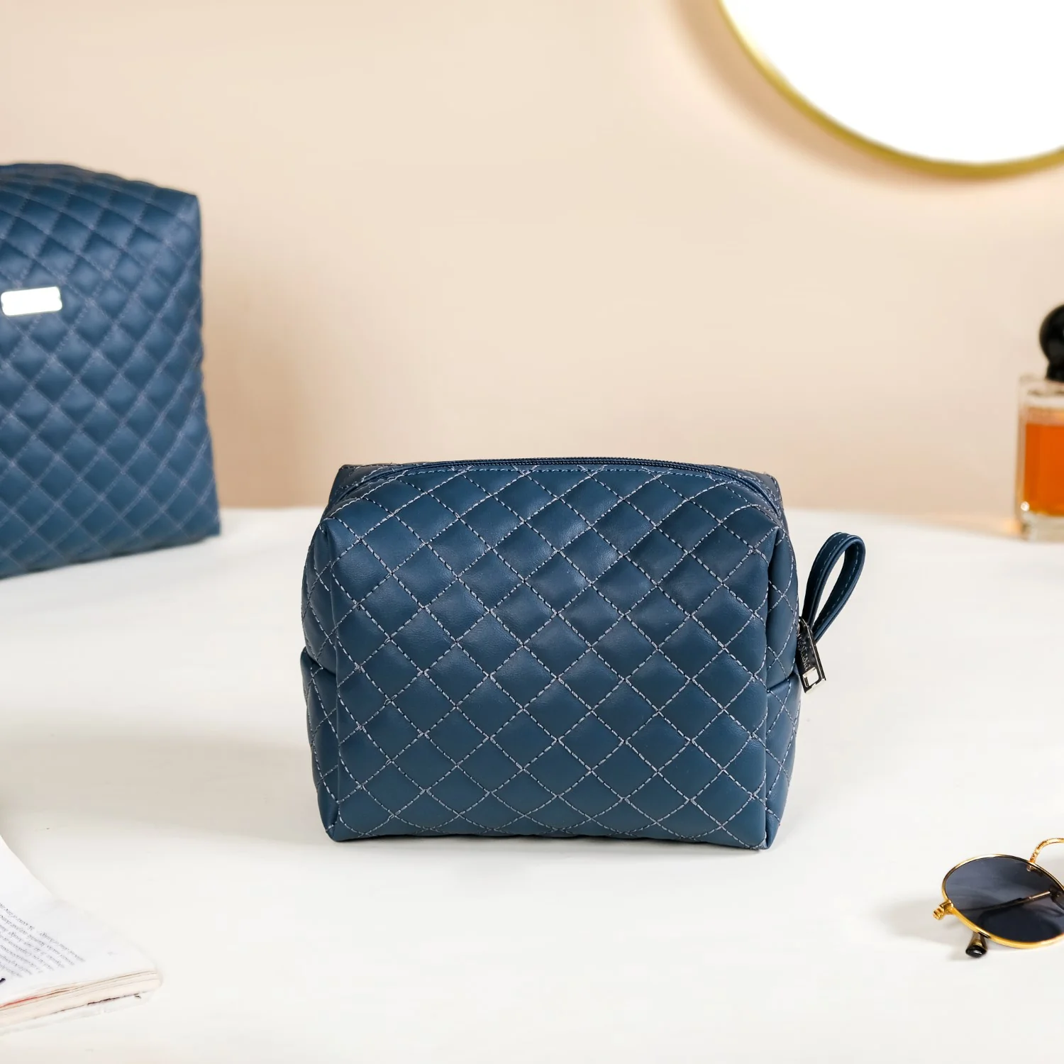 Bluish Grey Quilted Makeup Bags Set Of 3 - Image 13