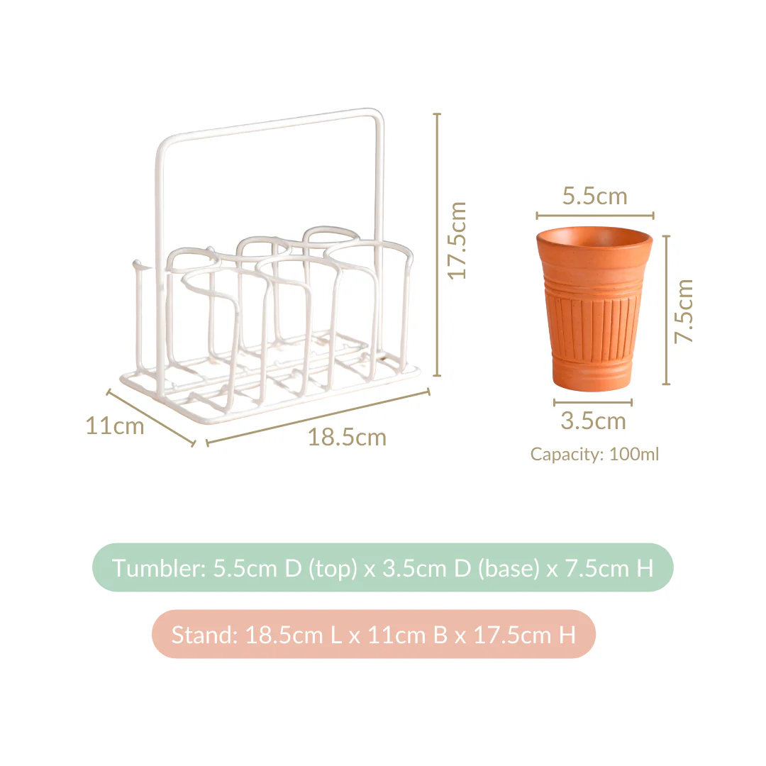 Bombay Cutting Chai Terracotta Kulhad Set Of 6 With White Metal Stand - Image 10