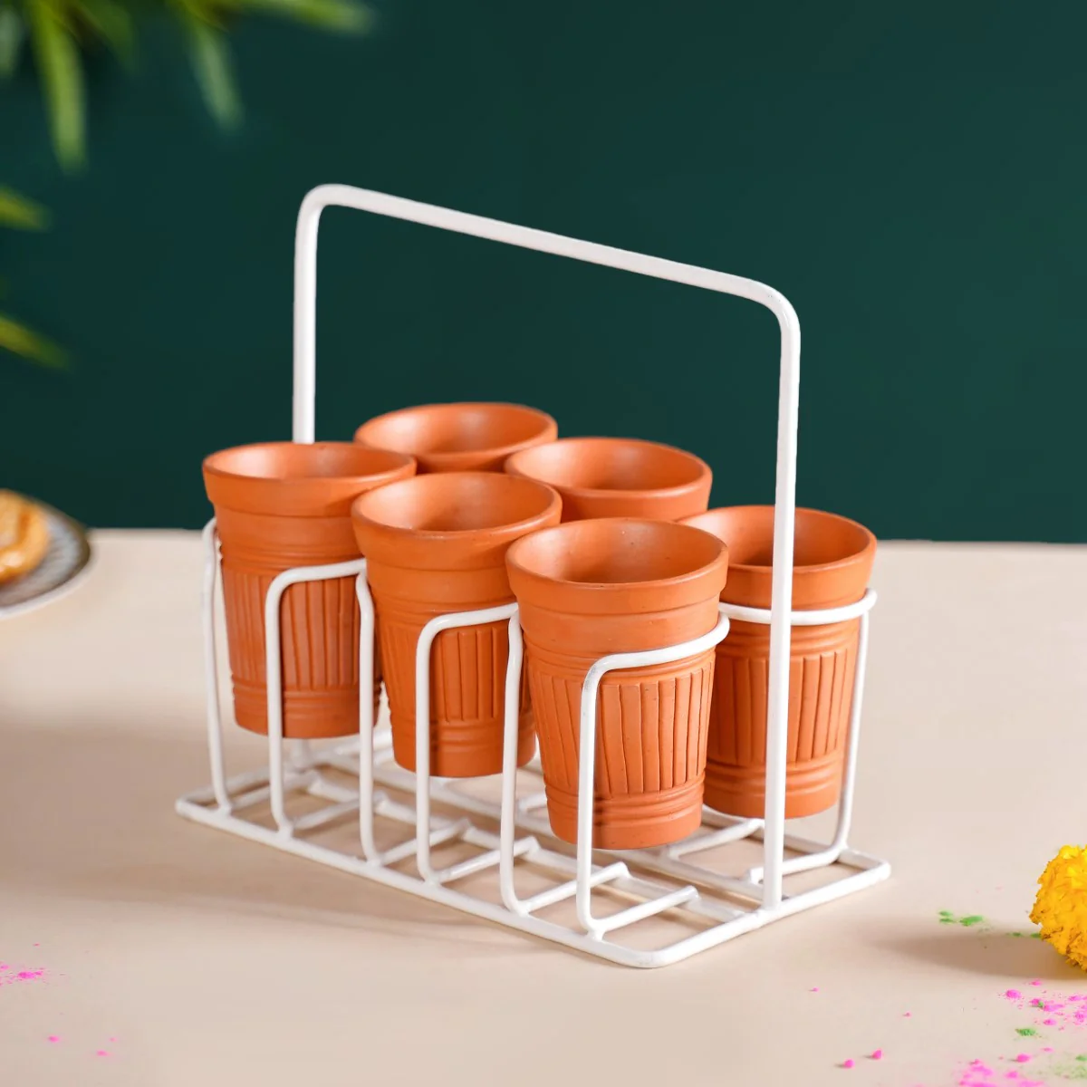 Bombay Cutting Chai Terracotta Kulhad Set Of 6 With White Metal Stand - Image 2