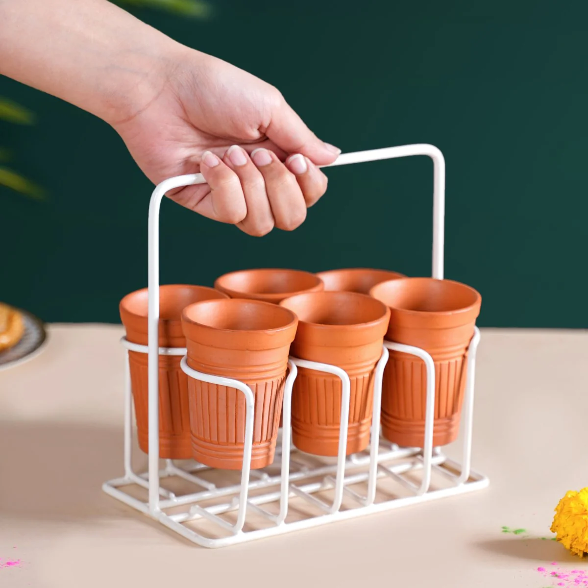 Bombay Cutting Chai Terracotta Kulhad Set Of 6 With White Metal Stand - Image 3