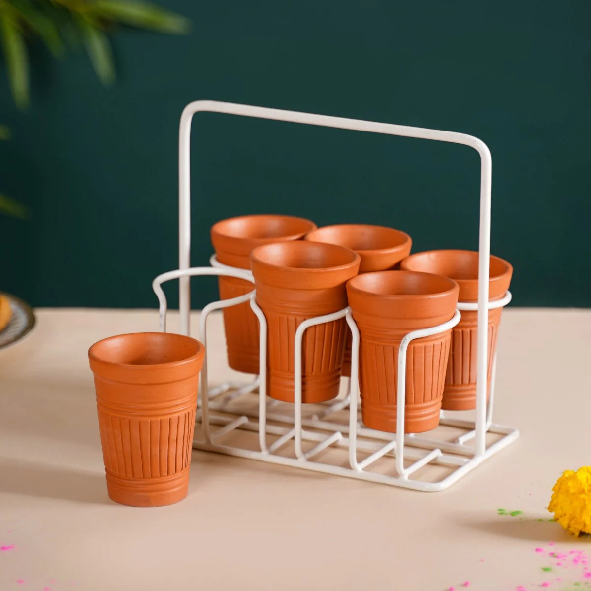 Bombay Cutting Chai Terracotta Kulhad Set Of 6 With White Metal Stand - Image 4