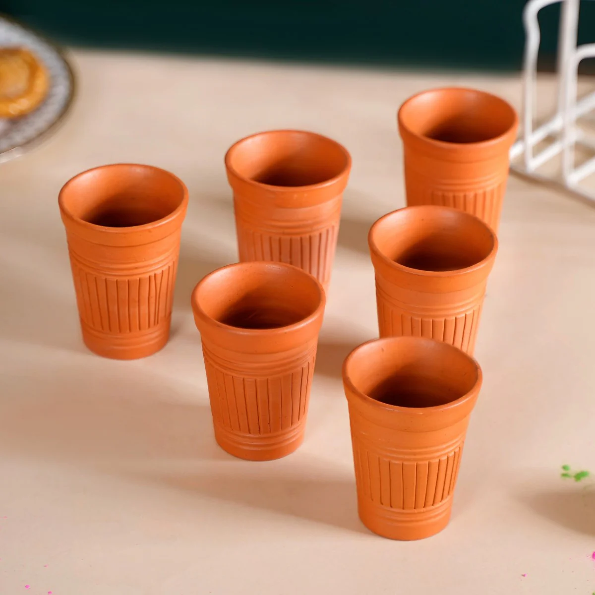 Bombay Cutting Chai Terracotta Kulhad Set Of 6 With White Metal Stand - Image 6