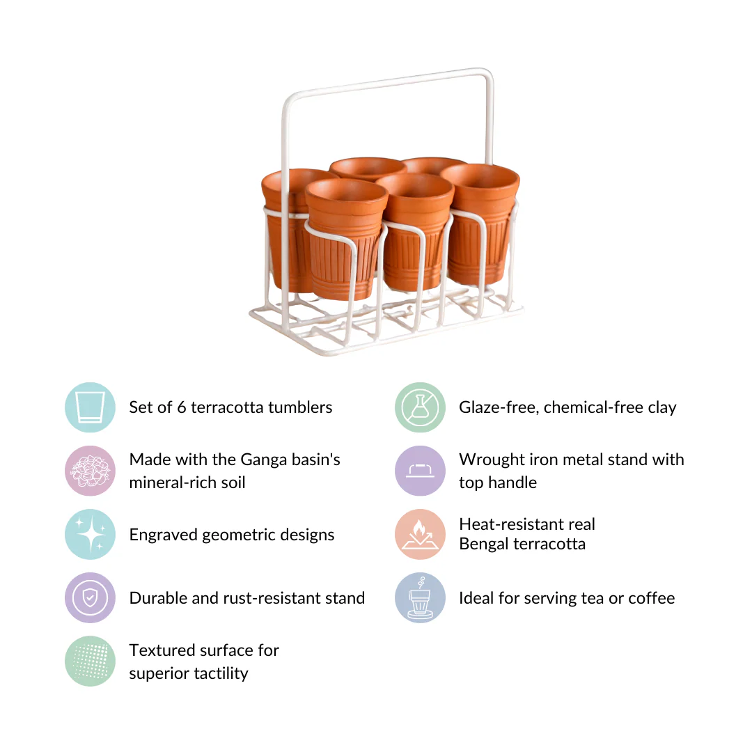 Bombay Cutting Chai Terracotta Kulhad Set Of 6 With White Metal Stand - Image 7